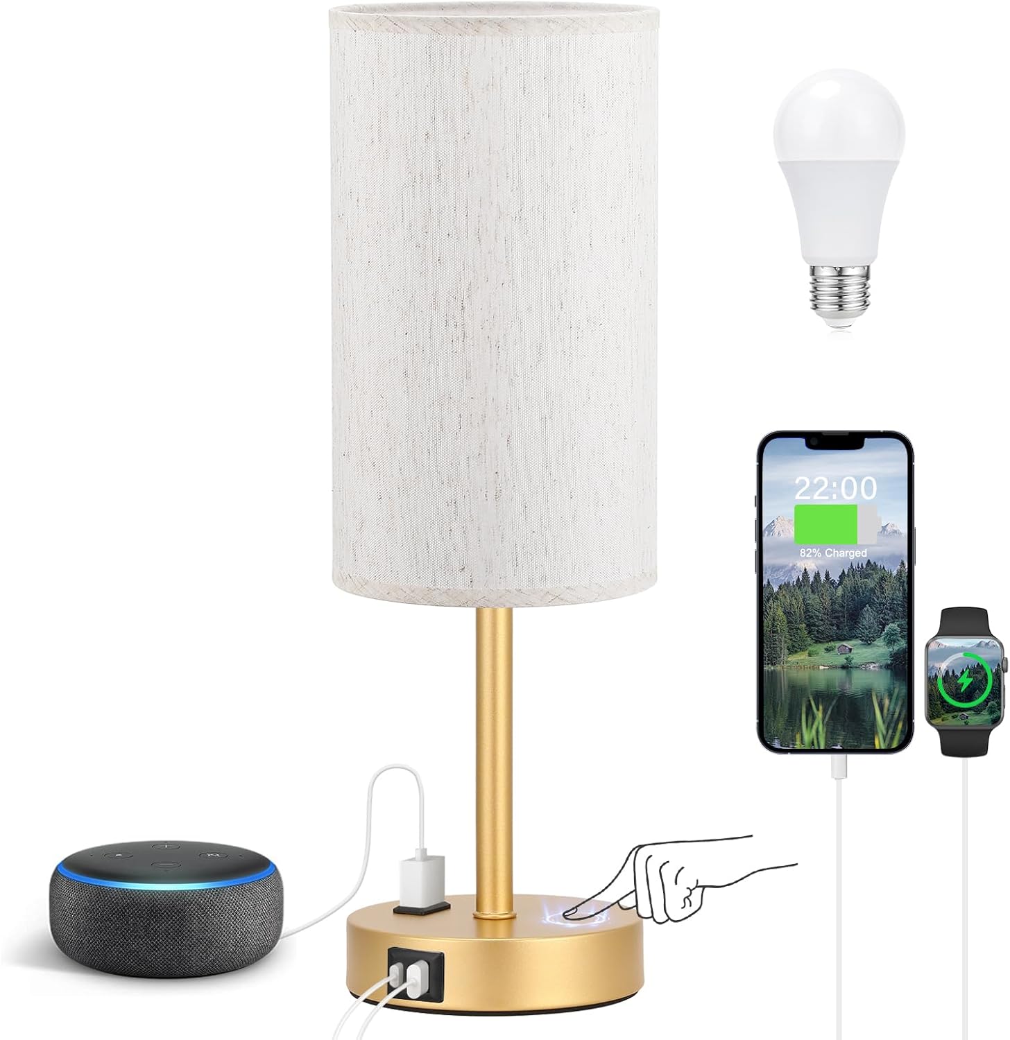 Fenmzee 17.4" Gold Lamp for Bedroom - Dimmable Touch, USB A+C, AC Outlet
