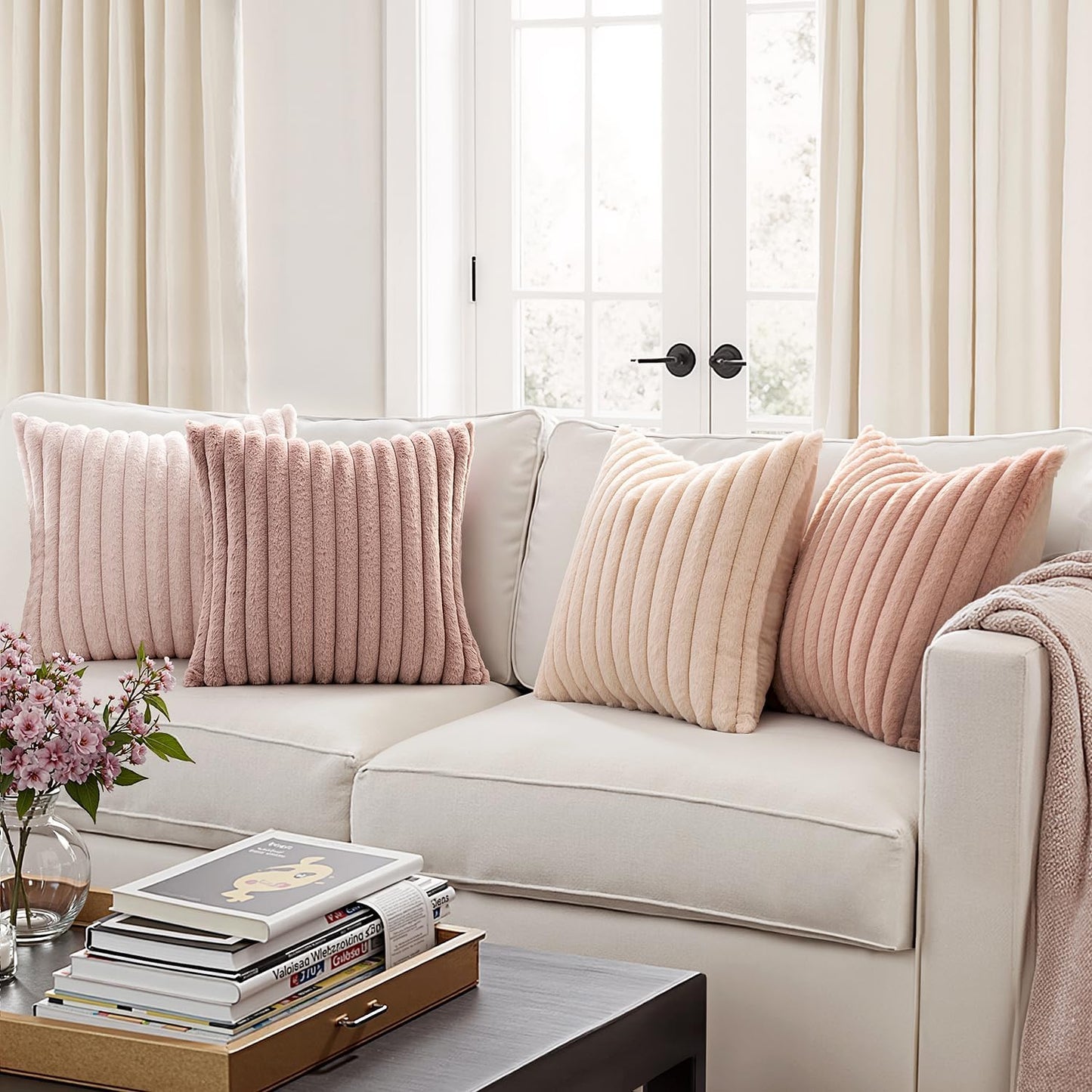 Faux Fur Plush Decorative Throw Pillow Covers / 18 x 18 / Pink / Set of 4