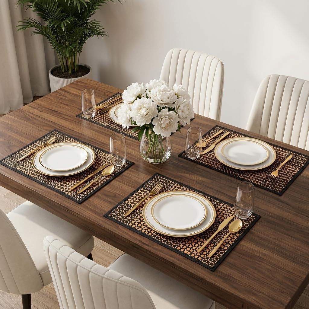 Eorbow 8 Pack Bamboo Placemats, Natural Anti-Slip Dining Table Mats, Heat-Resistant Place Mats, Japanese Style Washable