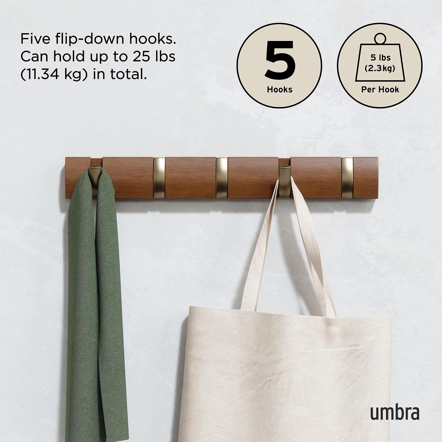 Umbra Flip Coat Rack, Wall Mounted 5-Hook Space Saving, Walnut/Gold | Real wood and steel build, retractable hooks fold