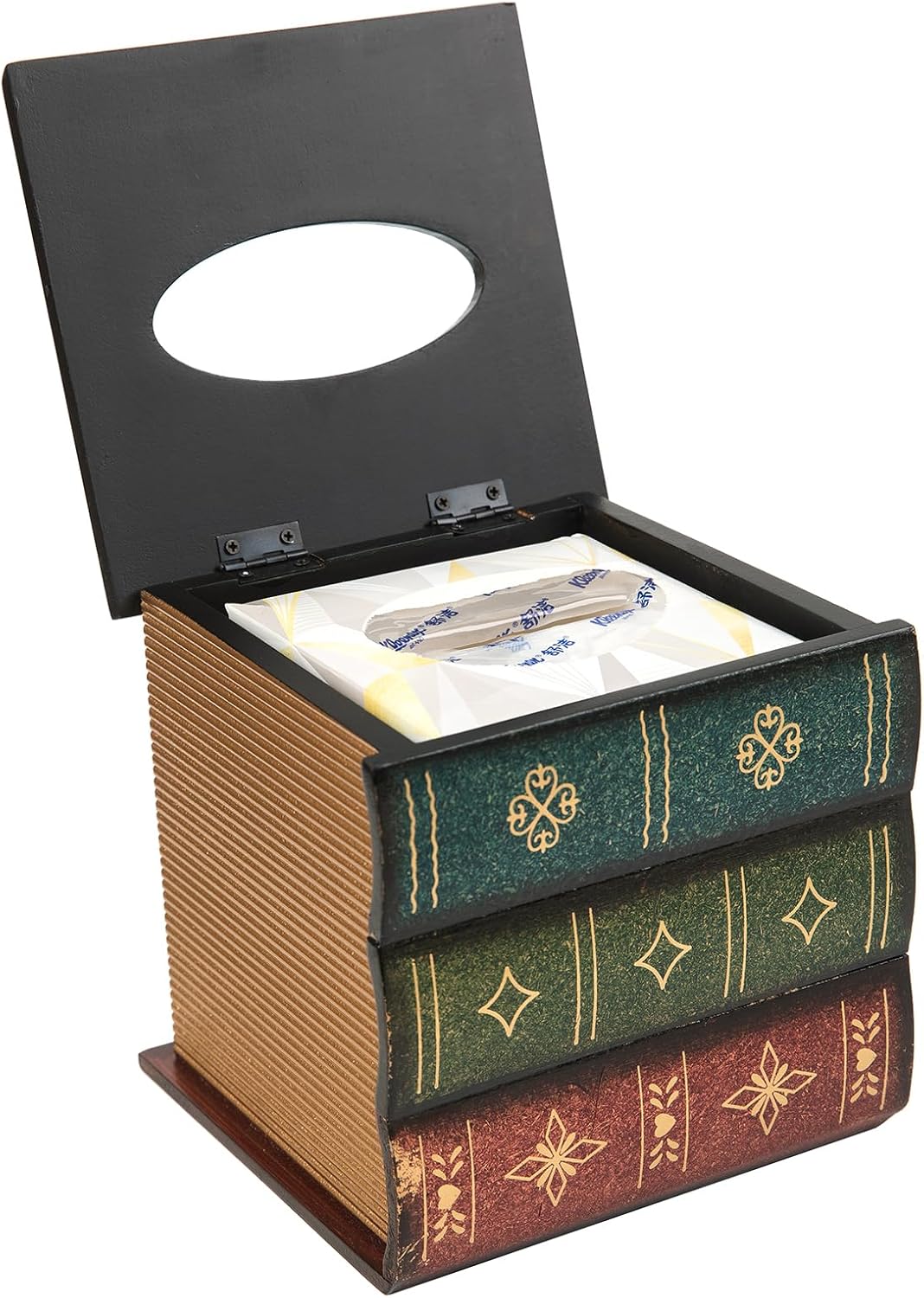 Crafted Classical Retro Wooden Antique Book Tissue Box Cover Square Tissue Holder Dispenser / Green