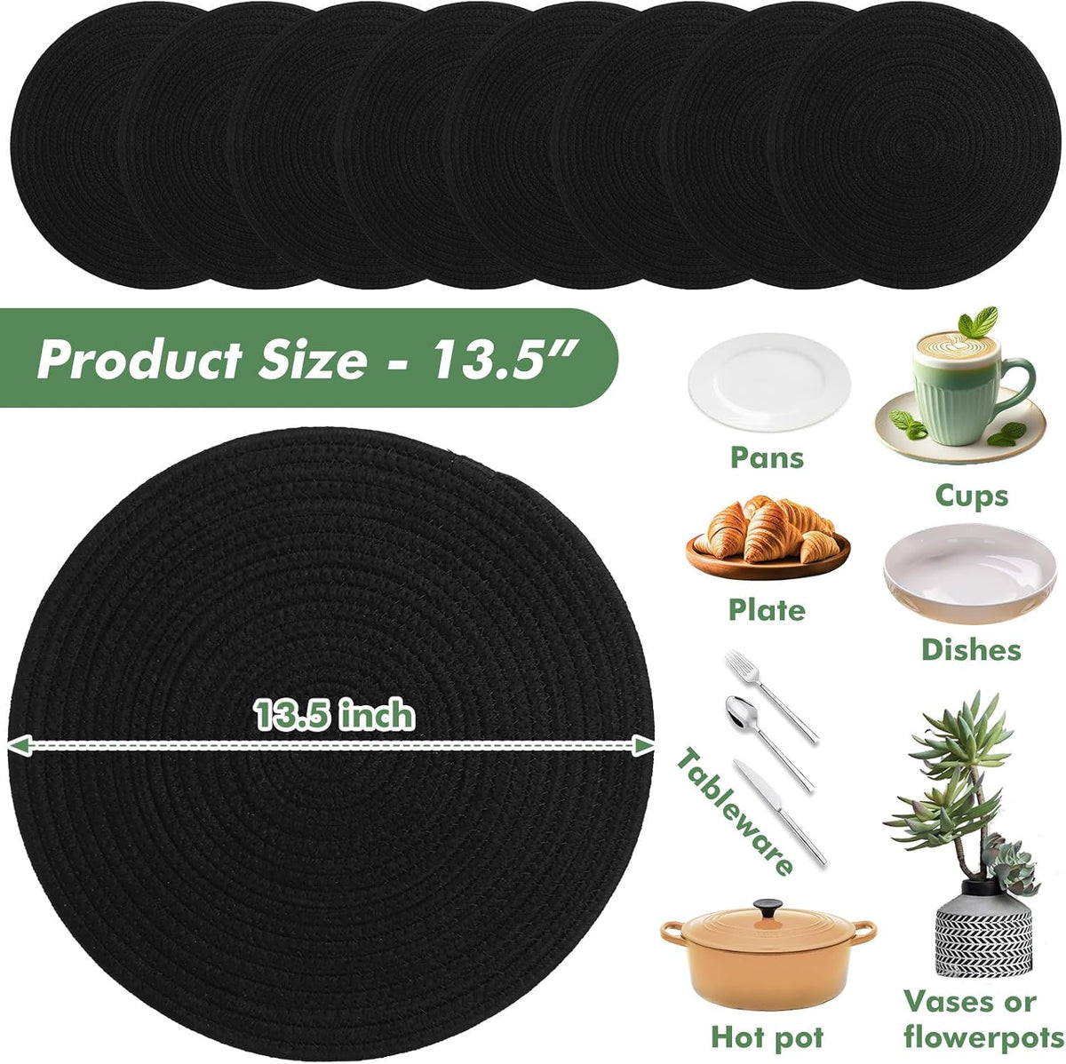 Round Woven Placemats Set of 8 Heat Resistant Placemats 13.5 Inches Farmhouse Cotton Rope Place Mats for Dining Tables
