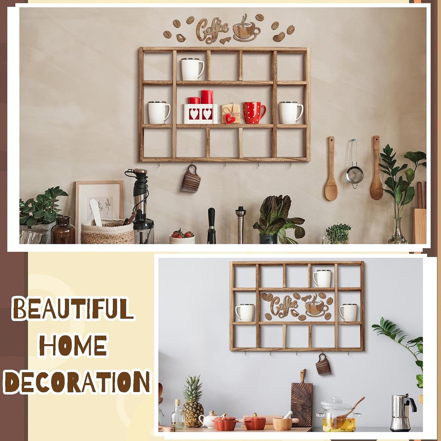 Cinnvoice Oversize Coffee Mug Display Shelf for Wall, Brown | Wood Coffee Mug Rack, Wall Mounted Shelf, Cubes Cup Hooks