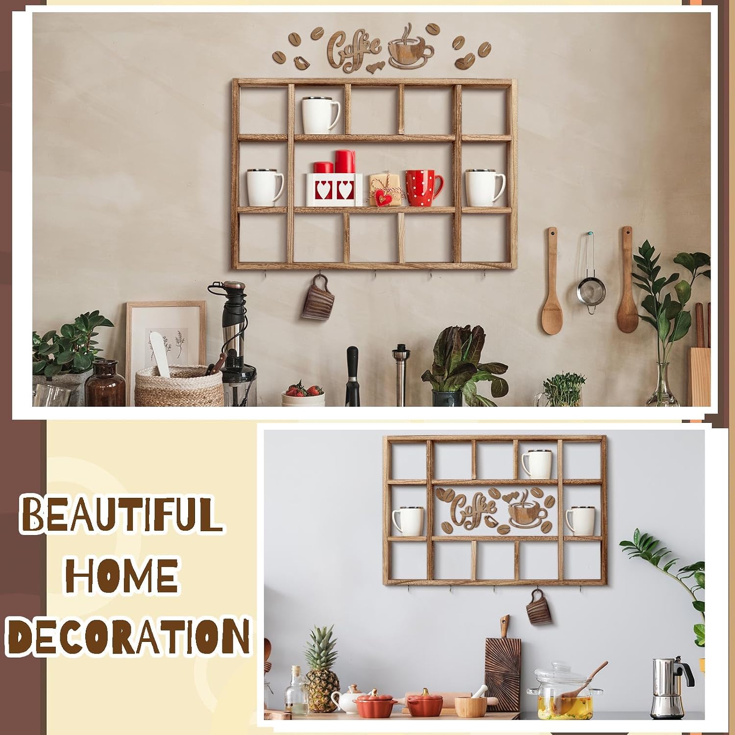 Cinnvoice Oversize Coffee Mug Display Shelf for Wall, Brown | Wood Coffee Mug Rack, Wall Mounted Shelf, Cubes Cup Hooks
