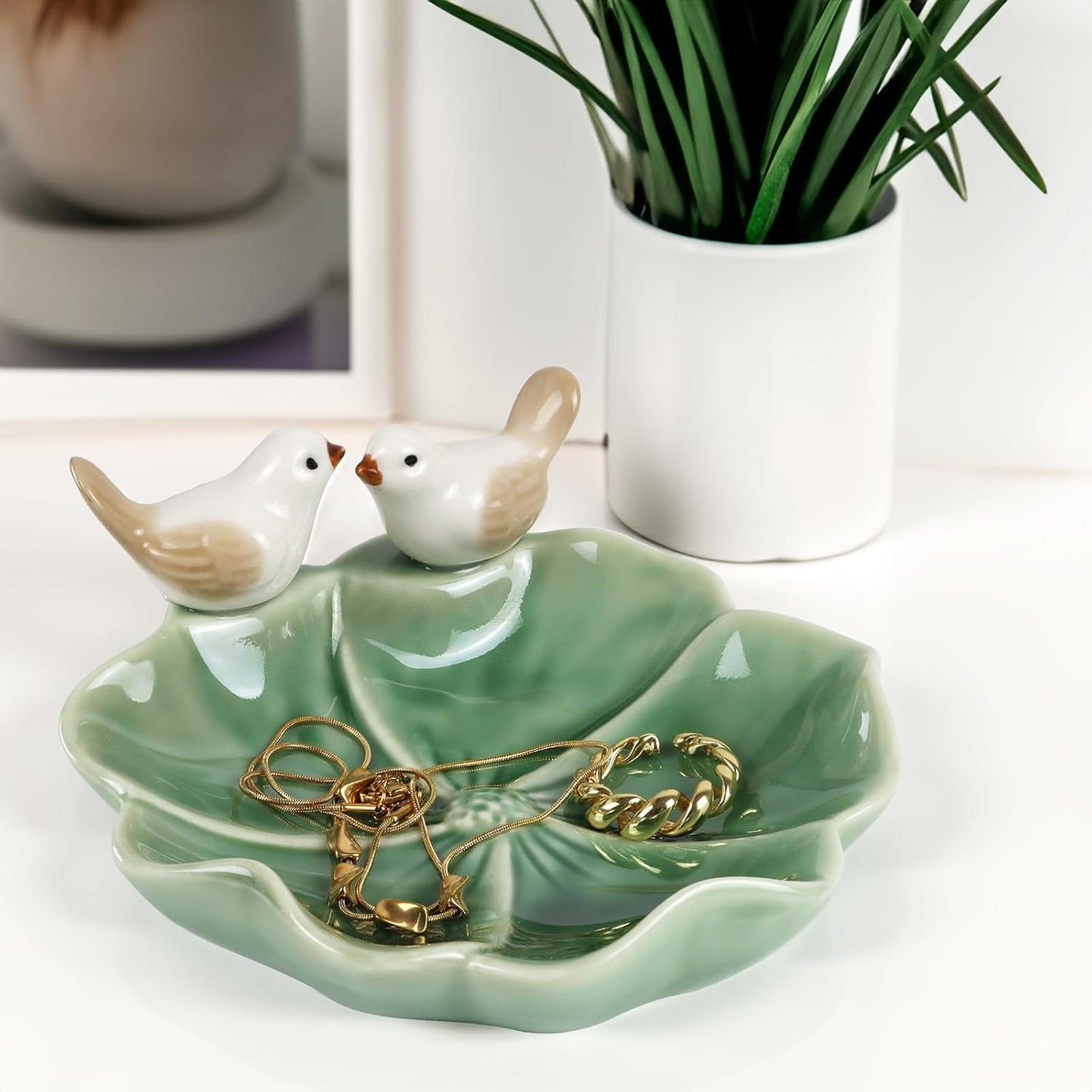 Ceramic Jewelry Tray Trinket Dish Decorative Bird & Lotus Leaf Ring Holder Dish Aesthetic / Green