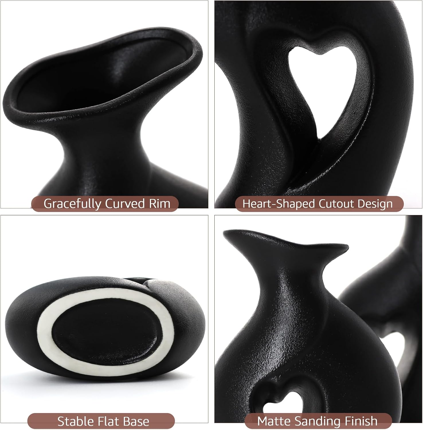 Ceramic Vases / Hollowed Heart Flower Vase for Modern Nordic Boho Home Decor / Black / Set of 2