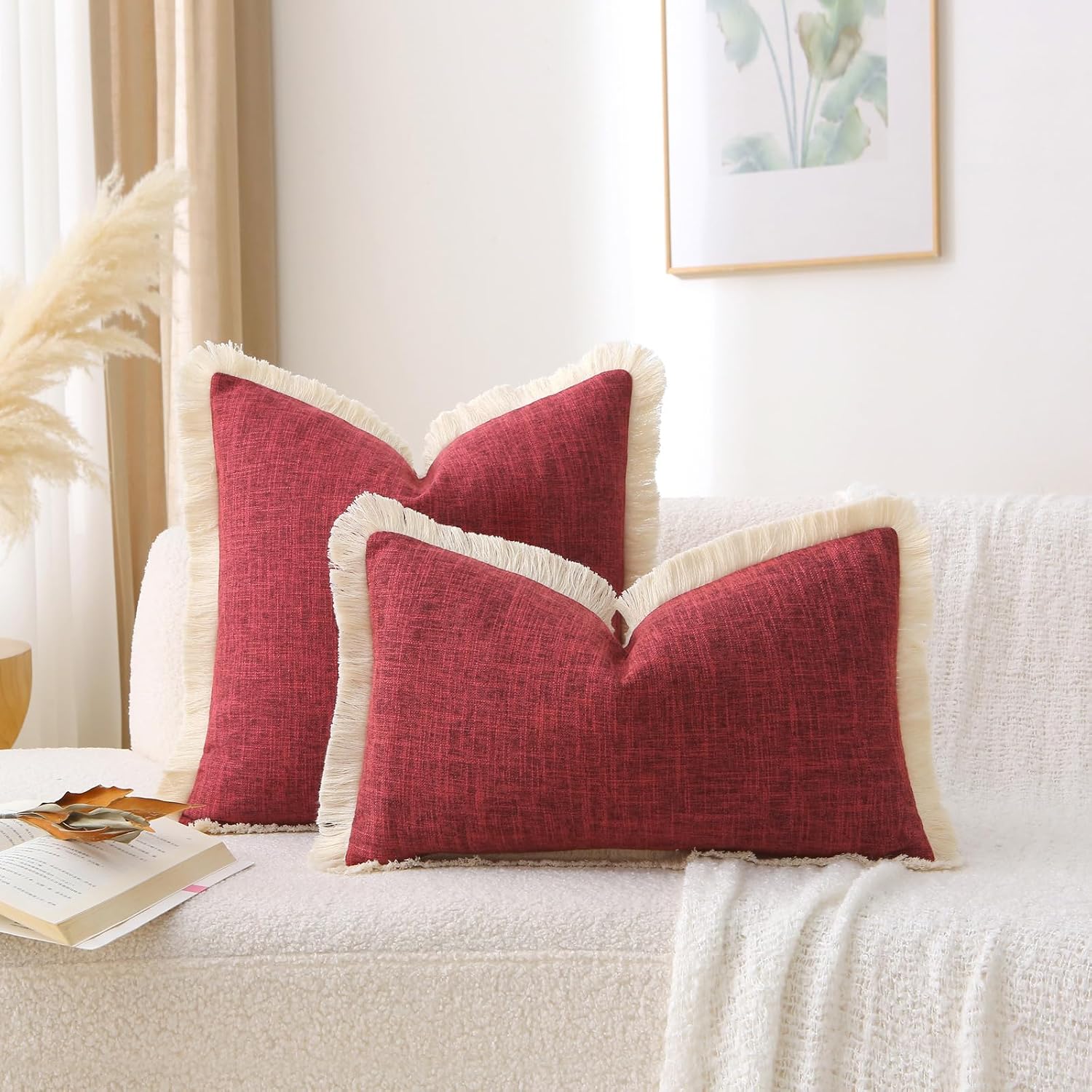 Rectangle Christmas Boho Decorative Throw Pillow Covers / Burgundy / 20 x 12