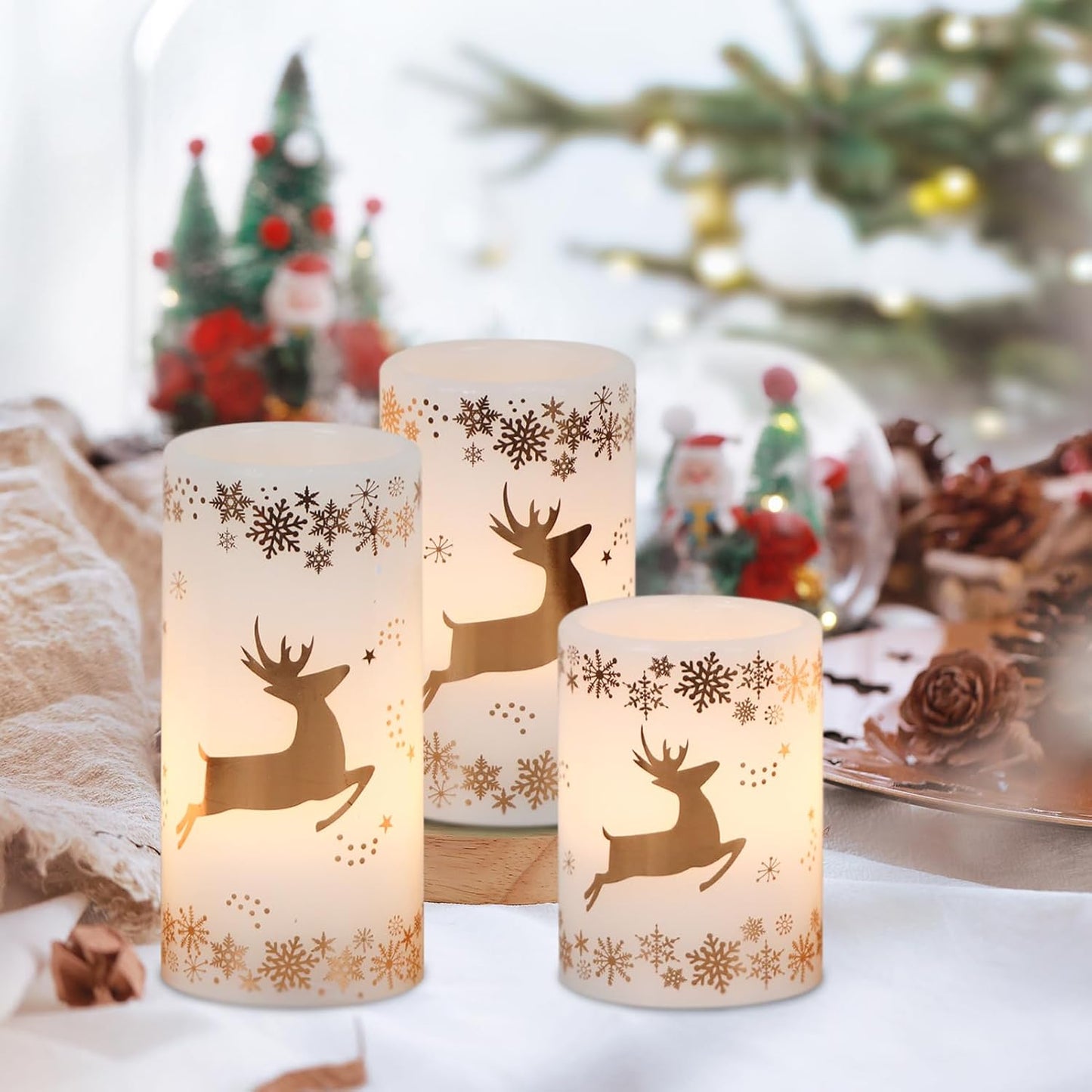 Gold Deer Flameless Candles Battery Operated with 6 Hour Timer | LED Pillar Candles Flickering, Real Wax Warm Light