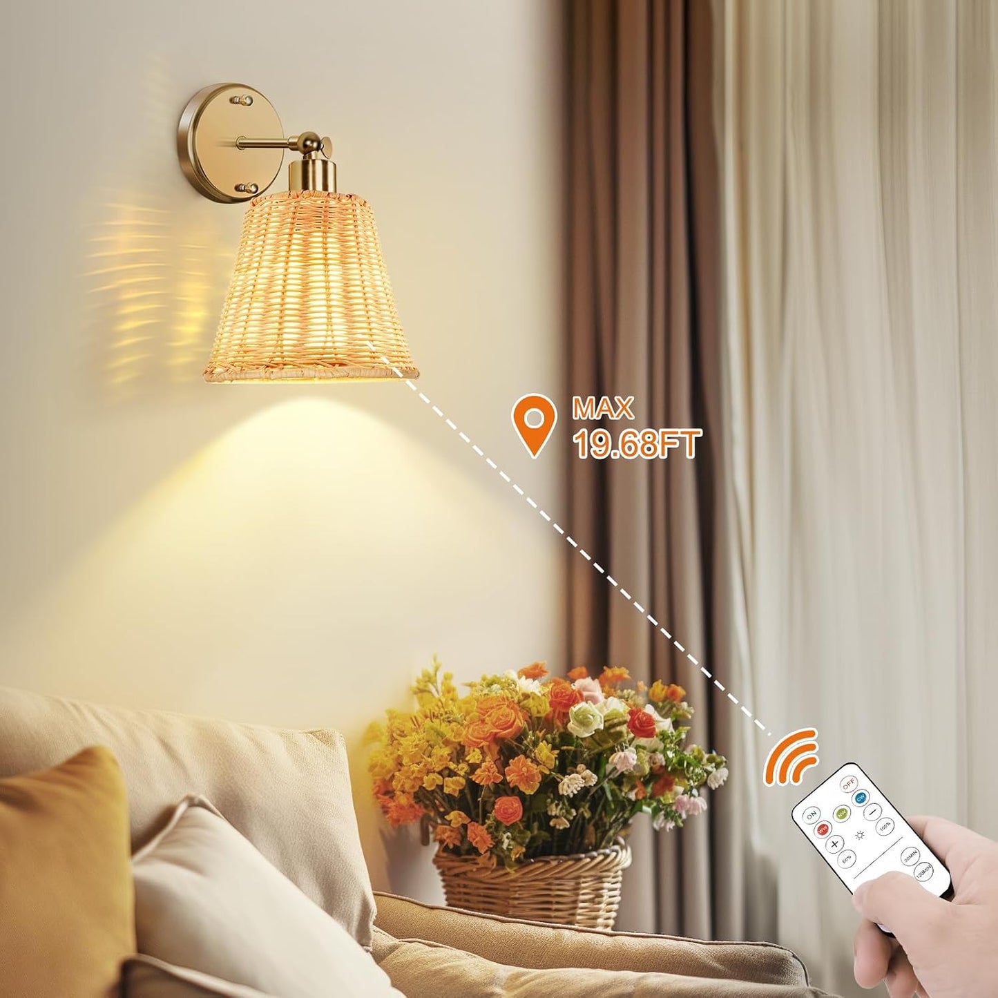 Frideko Rattan Rechargeable Battery Operated Wall Sconces Set of Two with Remote, 3 Colors Dimmable Wireless Wall