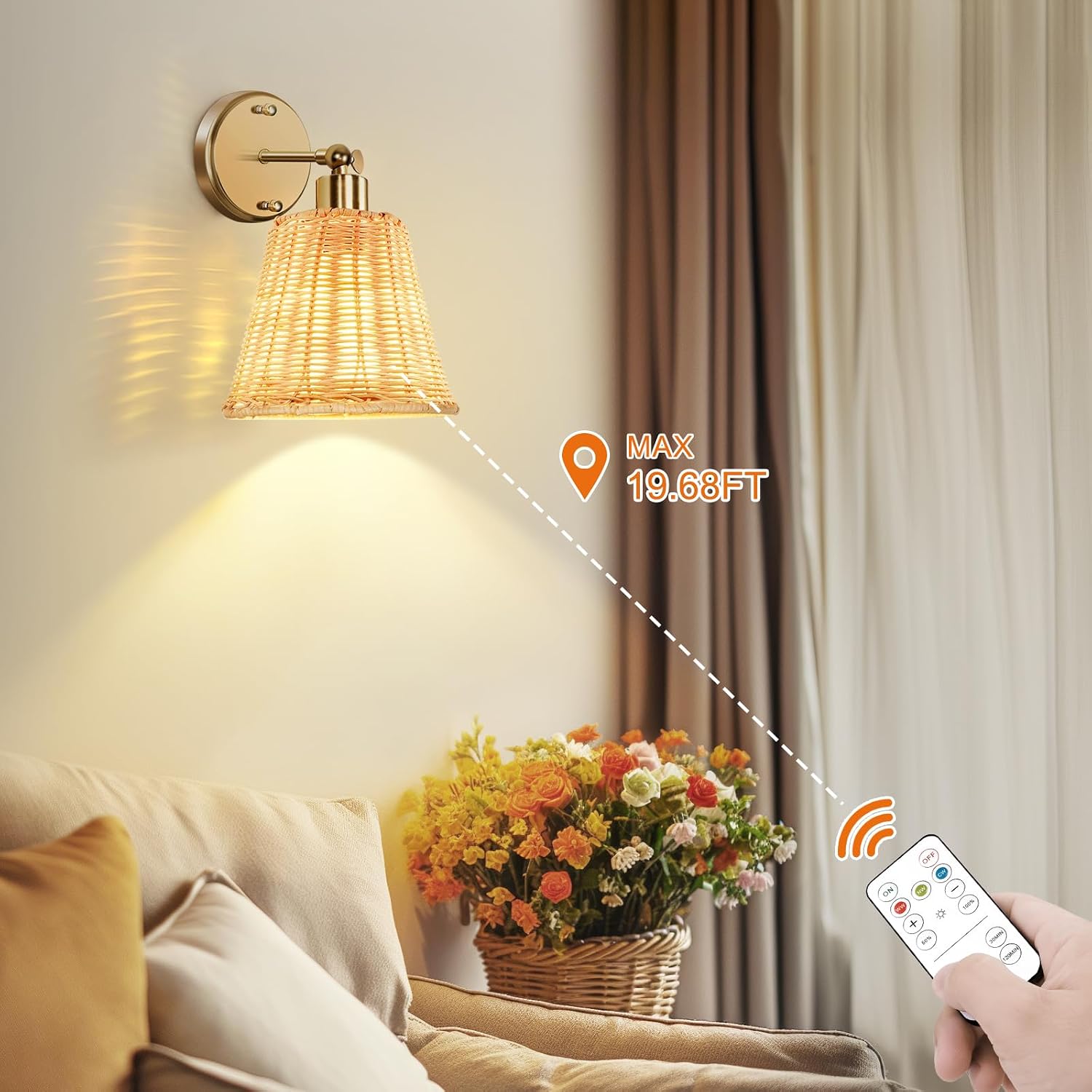 Frideko Rattan Rechargeable Battery Operated Wall Sconces Set of Two with Remote, 3 Colors Dimmable Wireless Wall