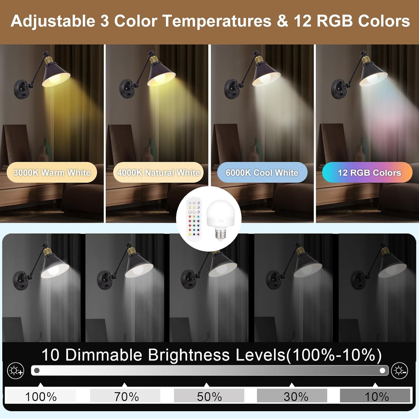TRLIFE Rechargeable Battery Operated Wall Sconce, Dimmable and Adjustable Color Temperature Wireless Wall Sconces Set
