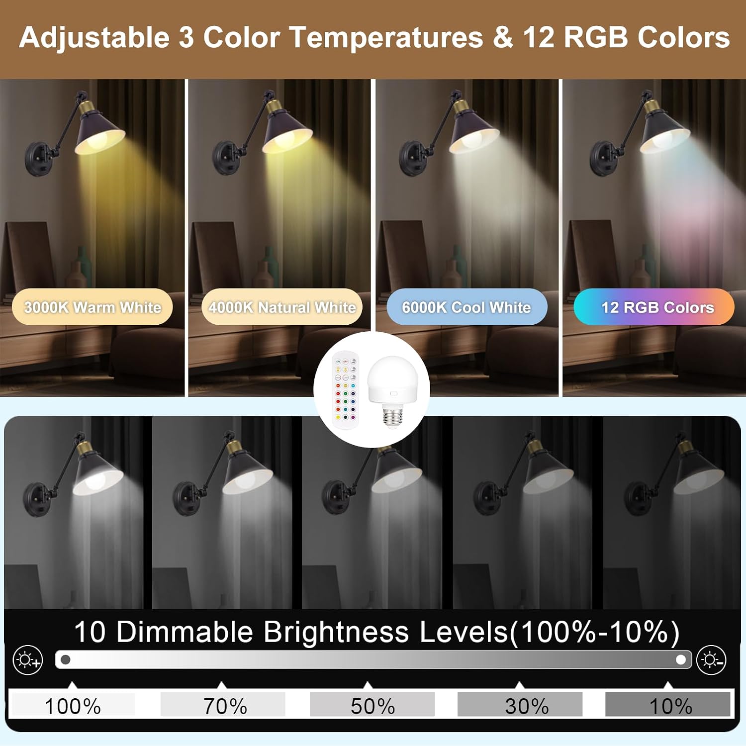TRLIFE Rechargeable Battery Operated Wall Sconce, Dimmable and Adjustable Color Temperature Wireless Wall Sconces Set