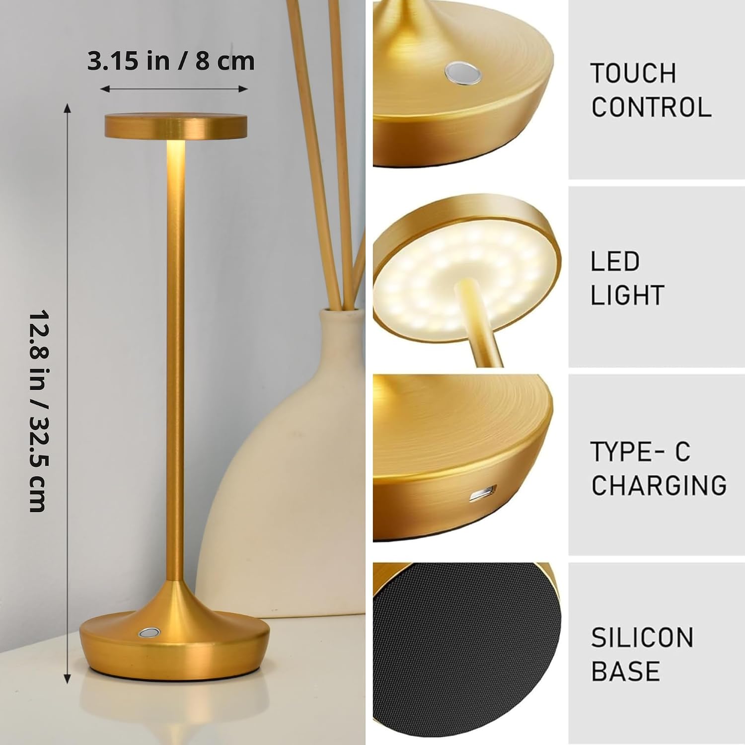 Gold Cordless LED Table Lamps Rechargeable 6000mAh, 72H Runtime, Waterproof | Stepless Touch Dimming with 3 Color Modes