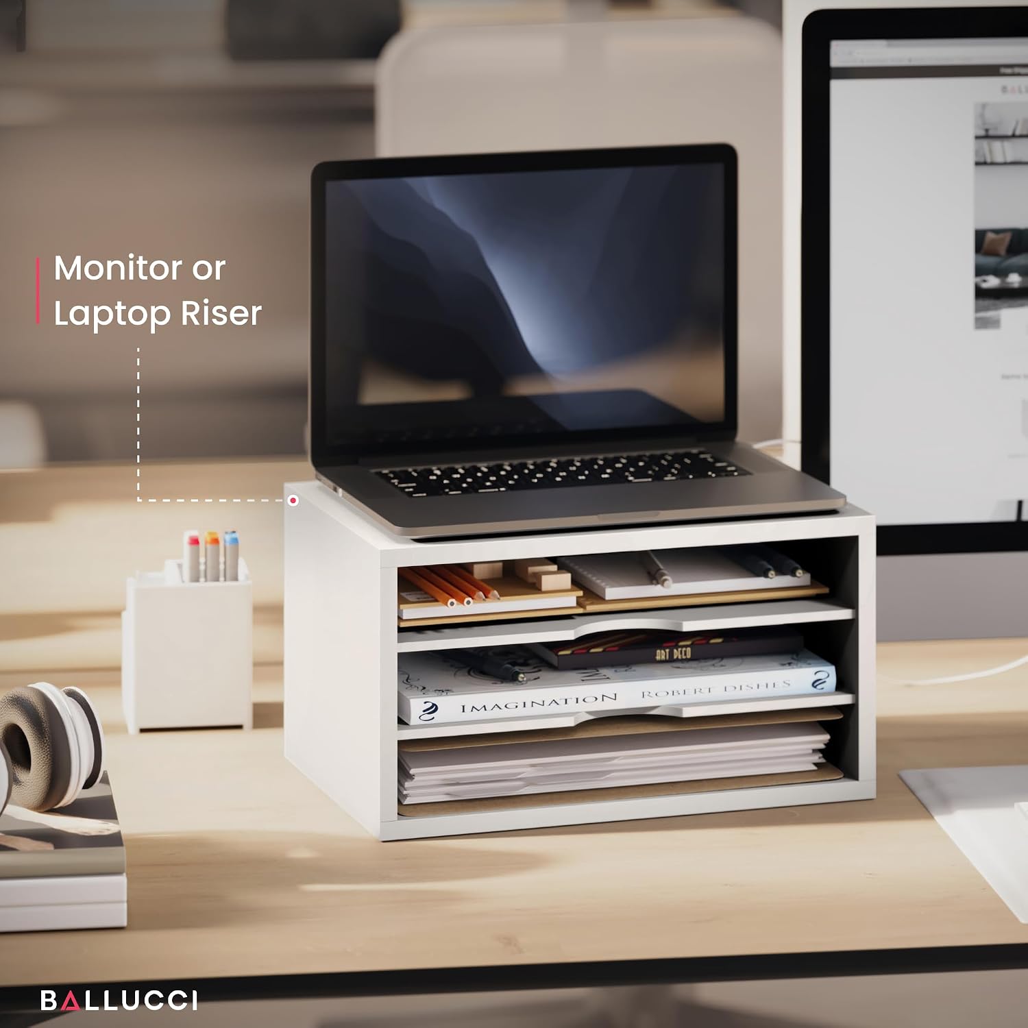 Ballucci File Organizer, 3-Tier Document Paper Sorter, Stackable Wood Desk Organizer, Mail Sorter and Monitor Stand