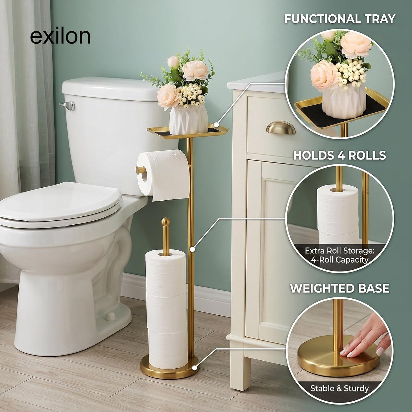 Exilon Toilet Paper Holder Stand for Bathroom Floor Freestanding Toilet Roll Dispenser Storages 4 Reserve Rolls, with