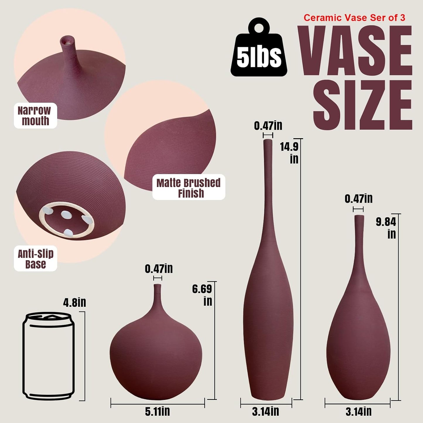 Ceramic Vases / Modern Boho Vases for Centerpiece Decor / Burgundy / Set of 3