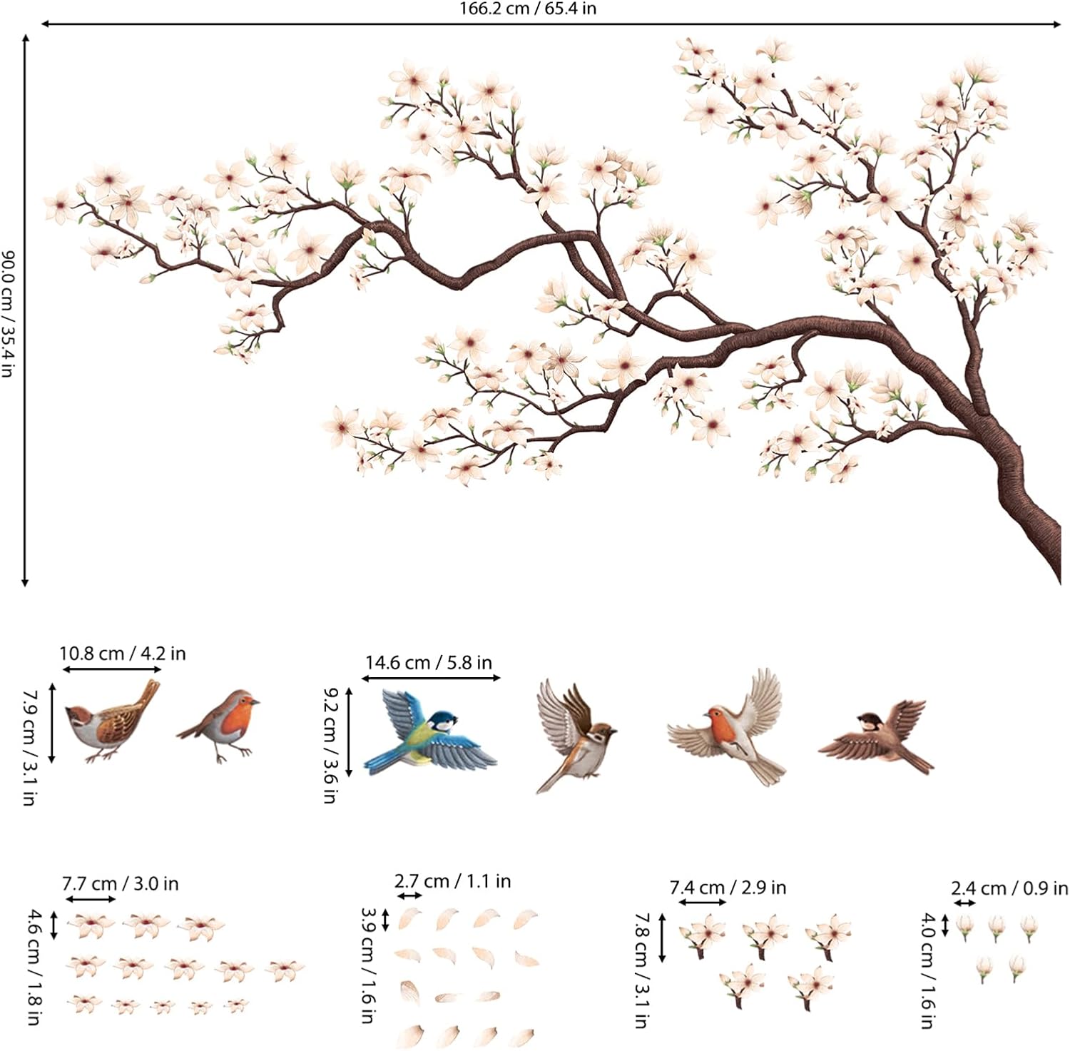 SG4-2317 Oriental Flower Tree Wall Stickers declas Kids Bedroom Cherry Blossom Birds Branch décor