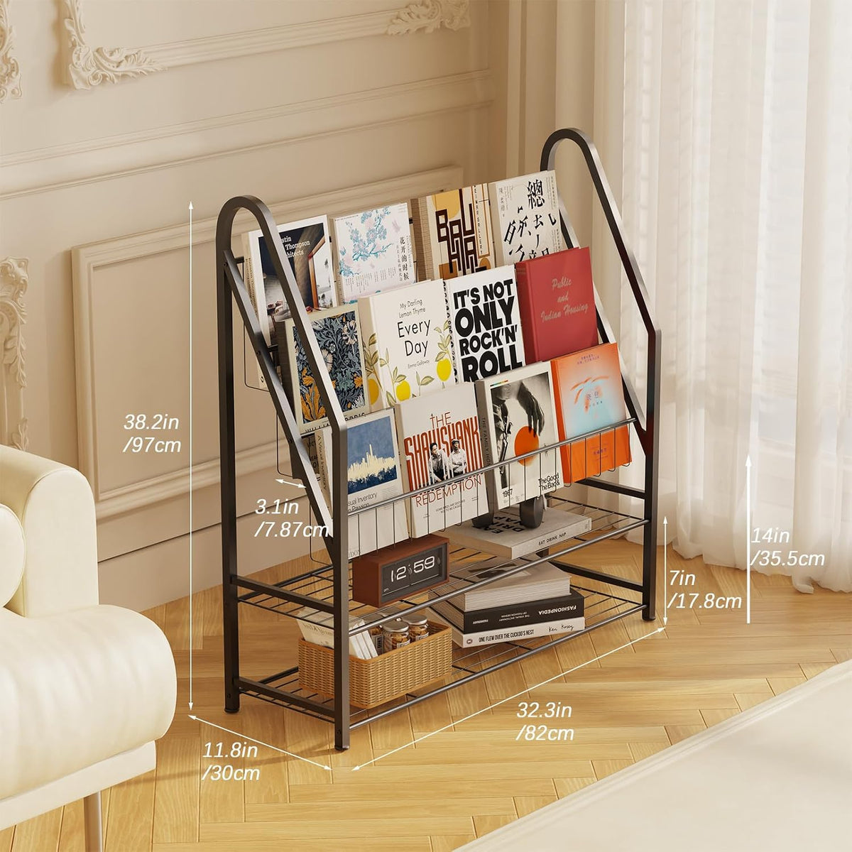 Arbuxzuy Magazine Rack Small Metal for Storage Freestanding 11.8" D x 32.3" W x 38.2" H, Sofa Height Book Shelf Short