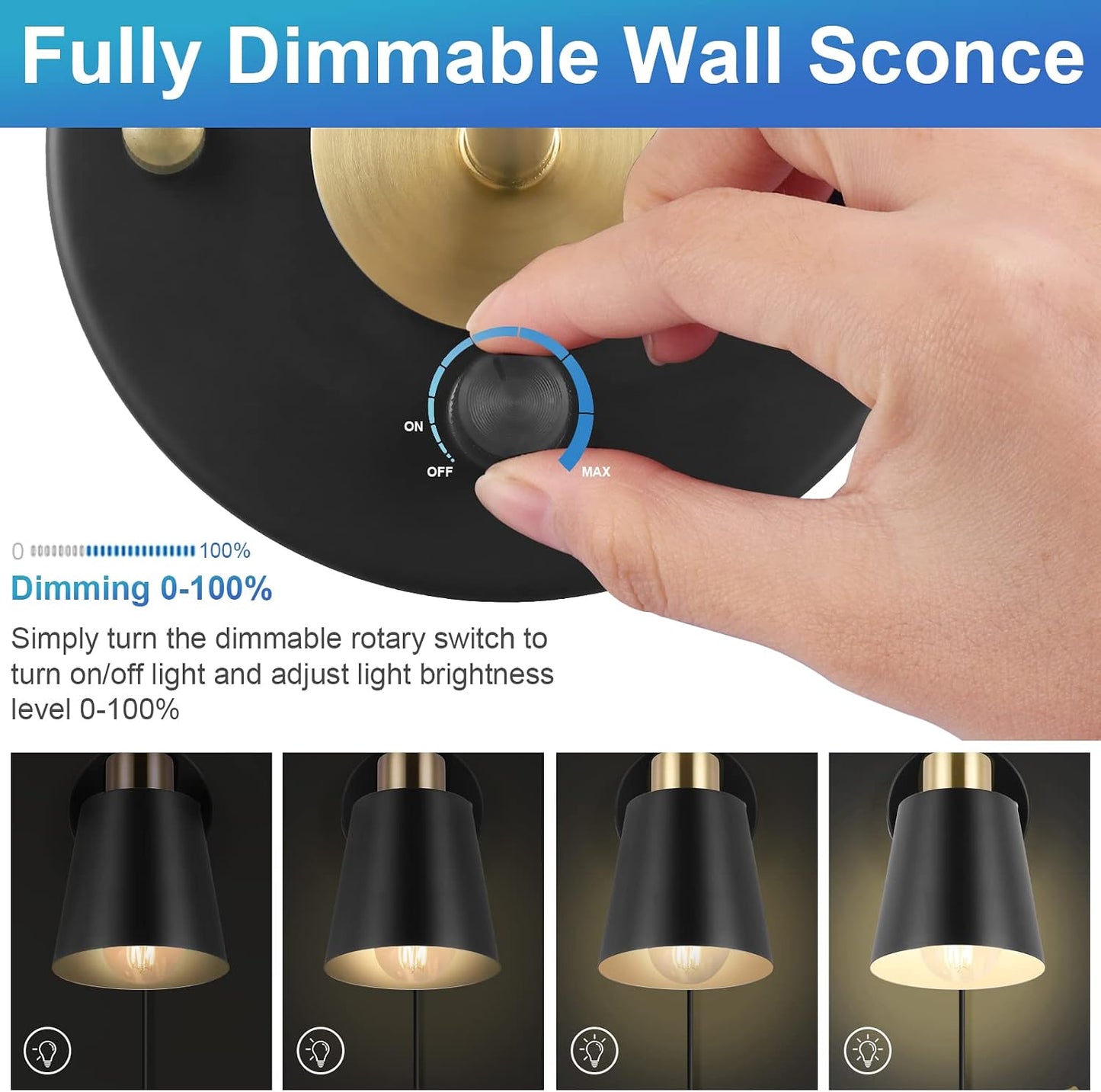 VATONI Plug in Wall Sconce, Dimmable Wall Sconce Adjustable Wall Lights with Plug in Cord and Dimmer On/Off Rotary