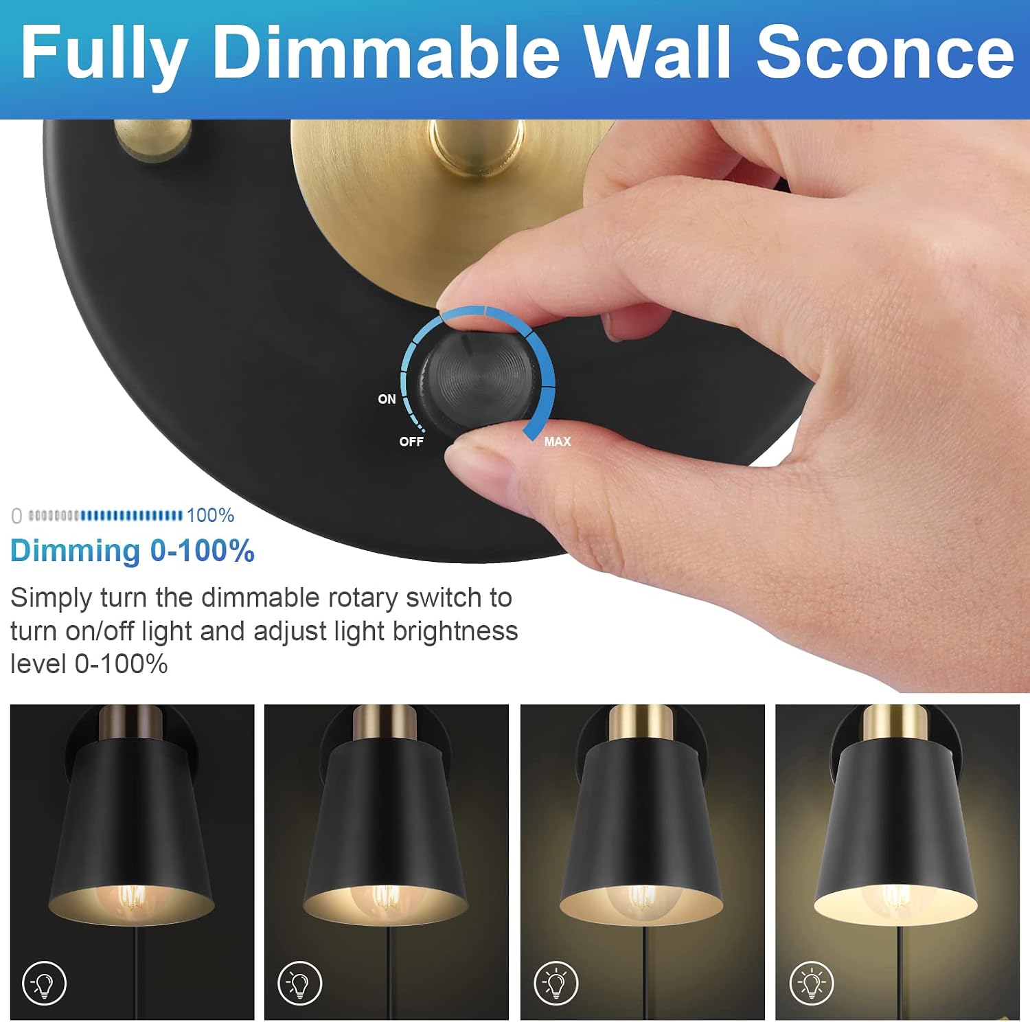 VATONI Wall Sconce Plug in, Dimmable Wall Sconces Adjustable Wall Lights with Plug in Cord and Dimmer On/Off Rotary