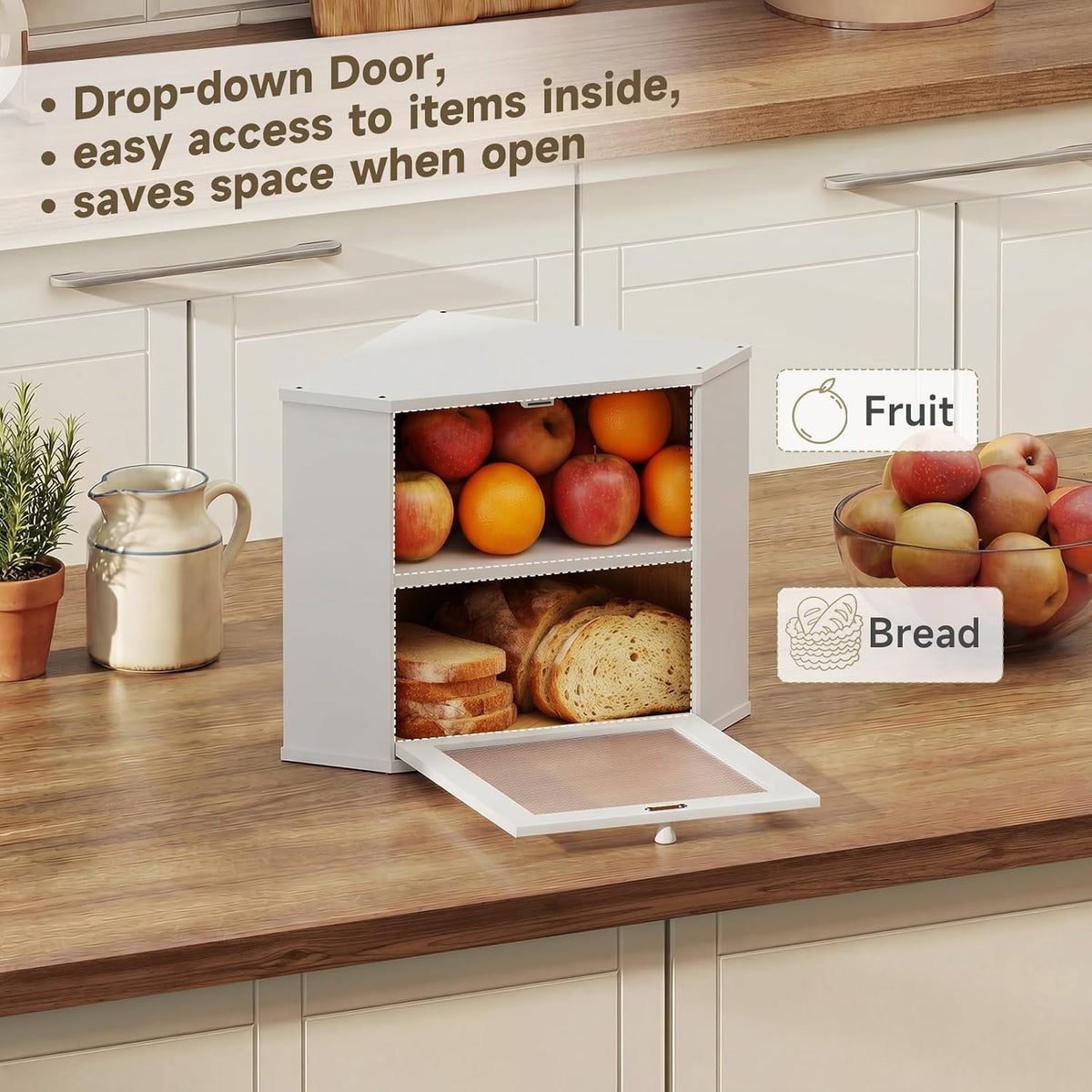 Bread Box for Kitchen Corner Countertop,Large Bread Basket (White, Large) | Double Layer Bamboo Bread Storage Container