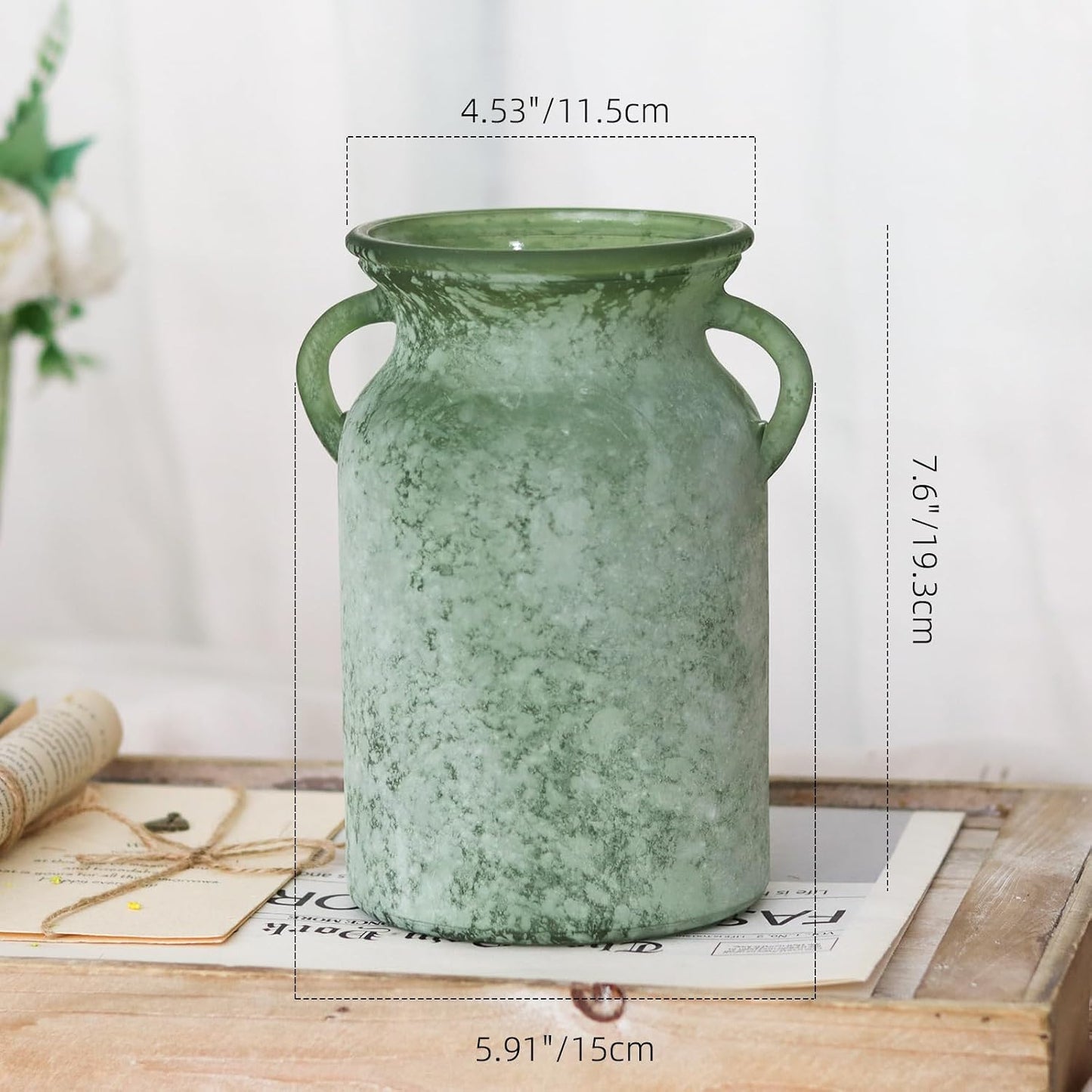 Glass Flower Vase / White Green / 8 Inch