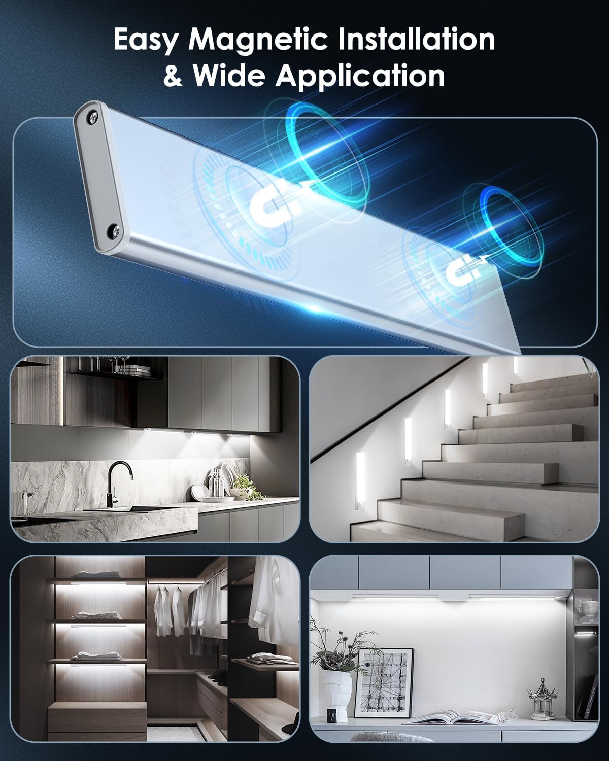 VerRon 10inch Under Cabinet Lighting Rechargeable 5-Pack | Motion Sensor Light Indoor 2200mAh, Dimmable Magnetic Closet