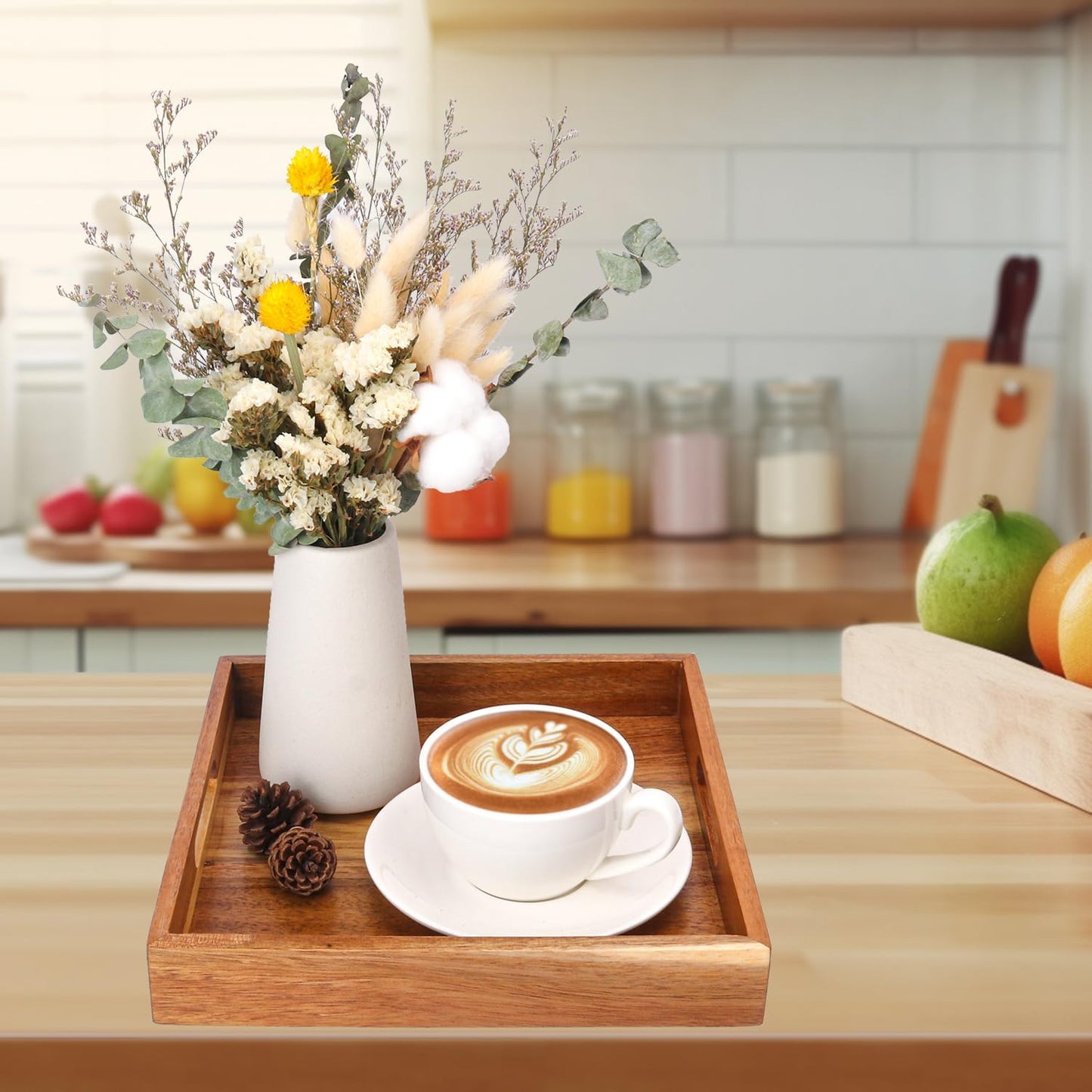 Wooden Tray / Acacia Wood Serving Tray / 10 Inch Square / 10 Inch / Set of 4