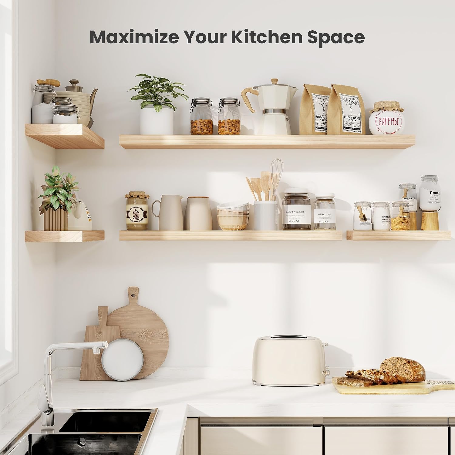 Fun Memories Wood Floating Shelves Set of 2, Rustic Pine Wood Floating Shelves for Wall Mounting, Wide Wall Shelf for