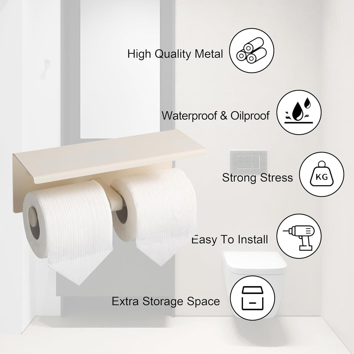 BGL Toilet Paper Holder with Shelf White Double Head Toilet Tissue Roll Holder 304 Stainless Steel Wall Mount for