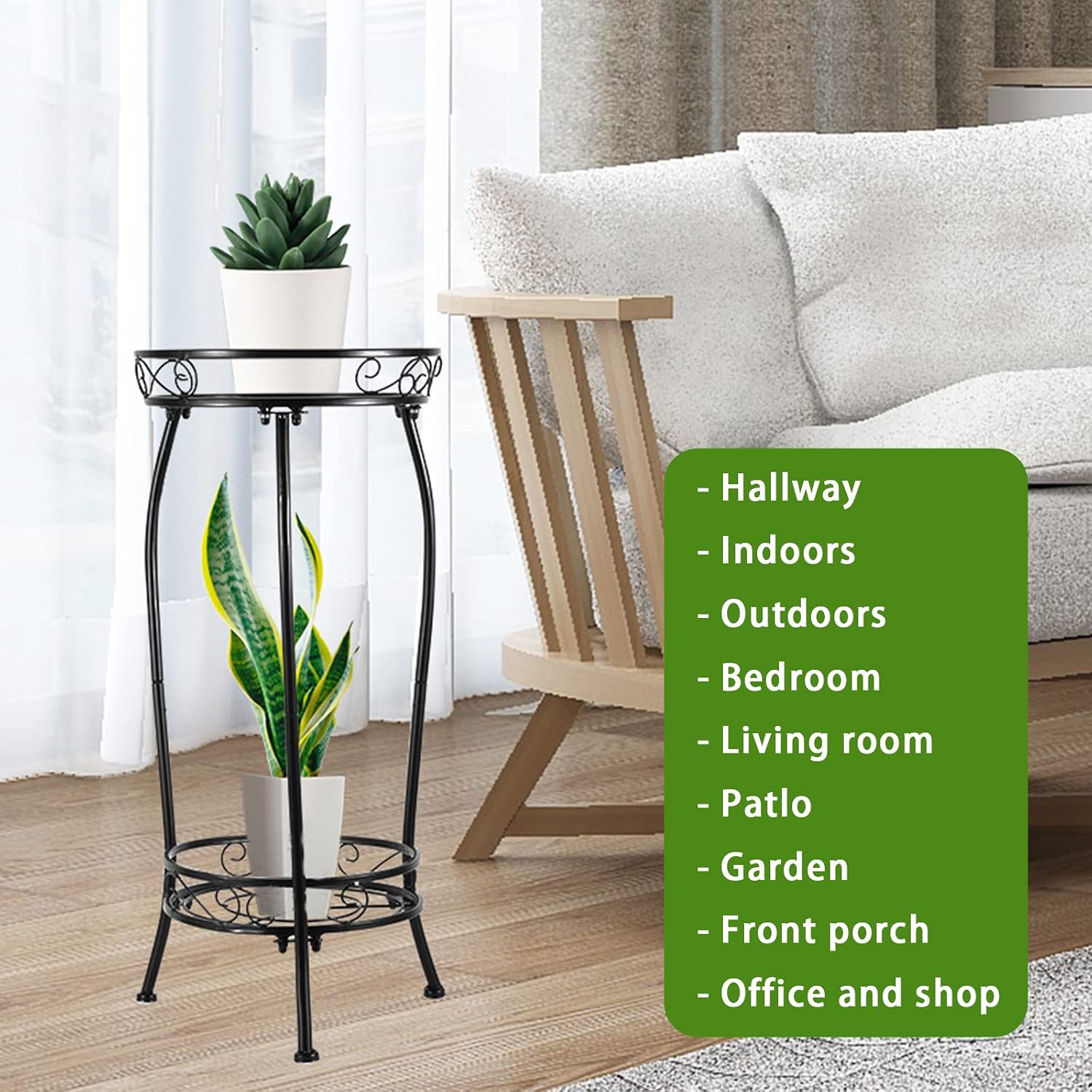 Kavlium Plant Stand Indoor Outdoor, 2 Pack, Tall Metal, 2 Tier 27.1 Inch | Rustproof Metal, Stable 3-Leg Base, Heavy