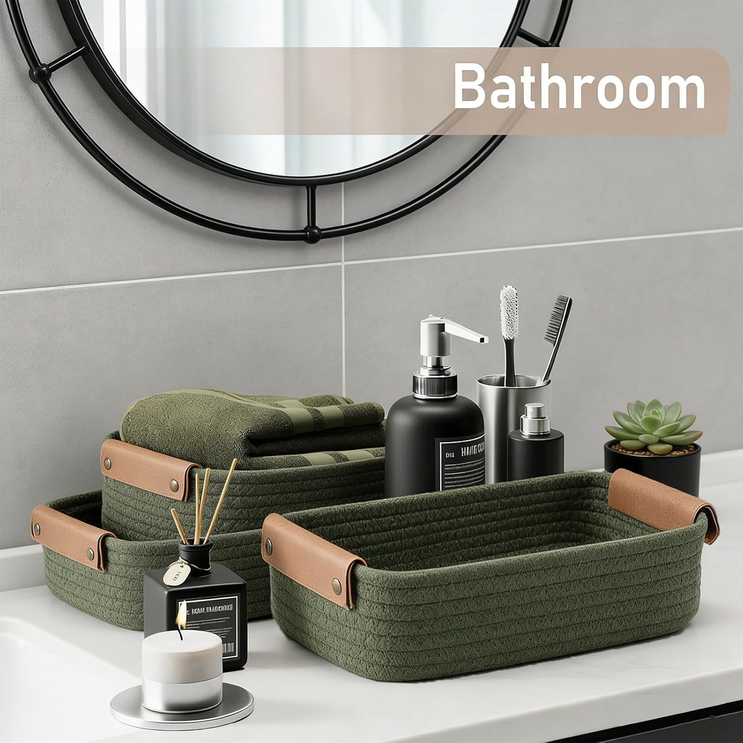 Woven Rope Shelf Bins for Organizing / Sage / Green / Set of 5