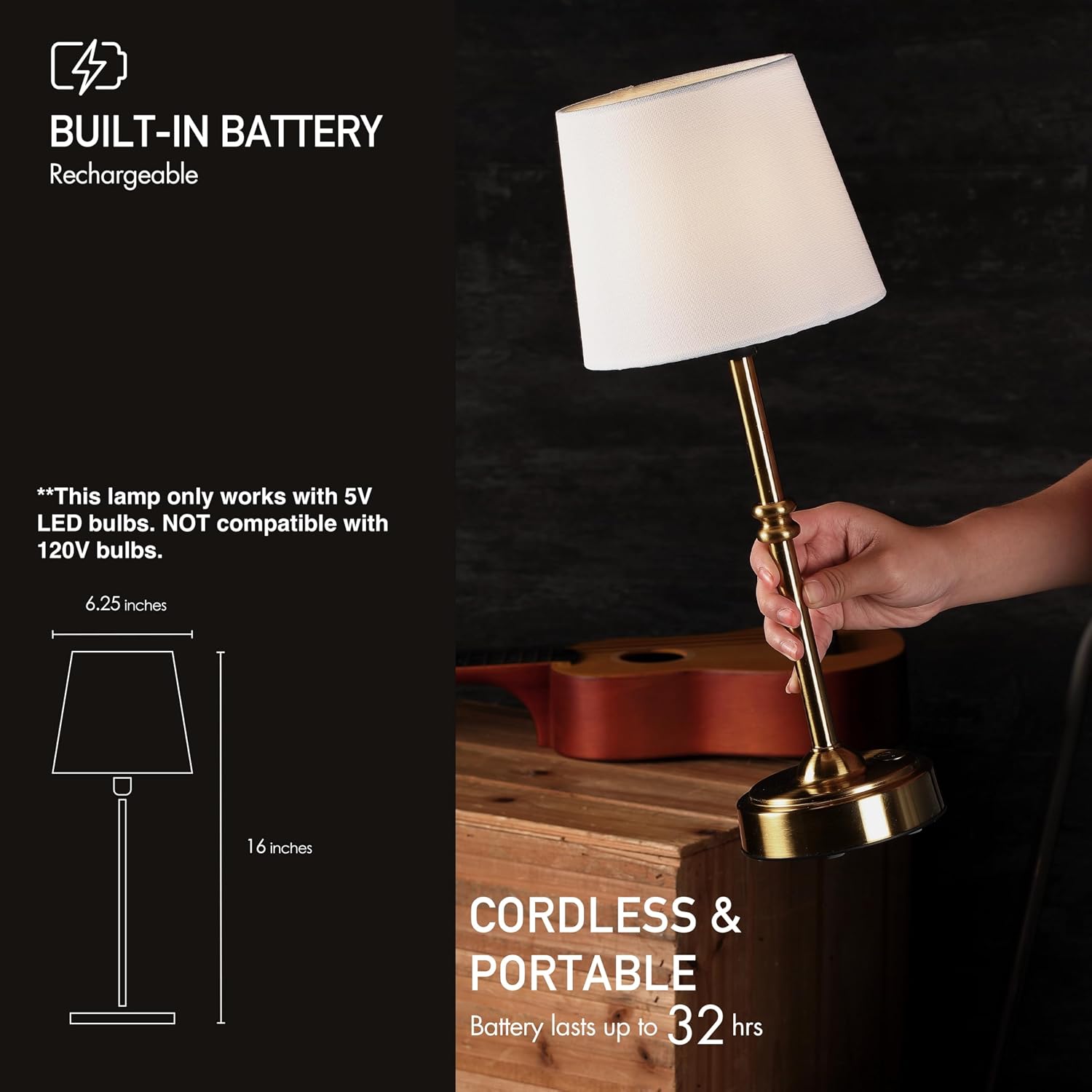 O’Bright Seraph - Cordless LED Table Lamp with Dimmer, Built-in Rechargeable Battery, 3-Level Brightness, Patio Table