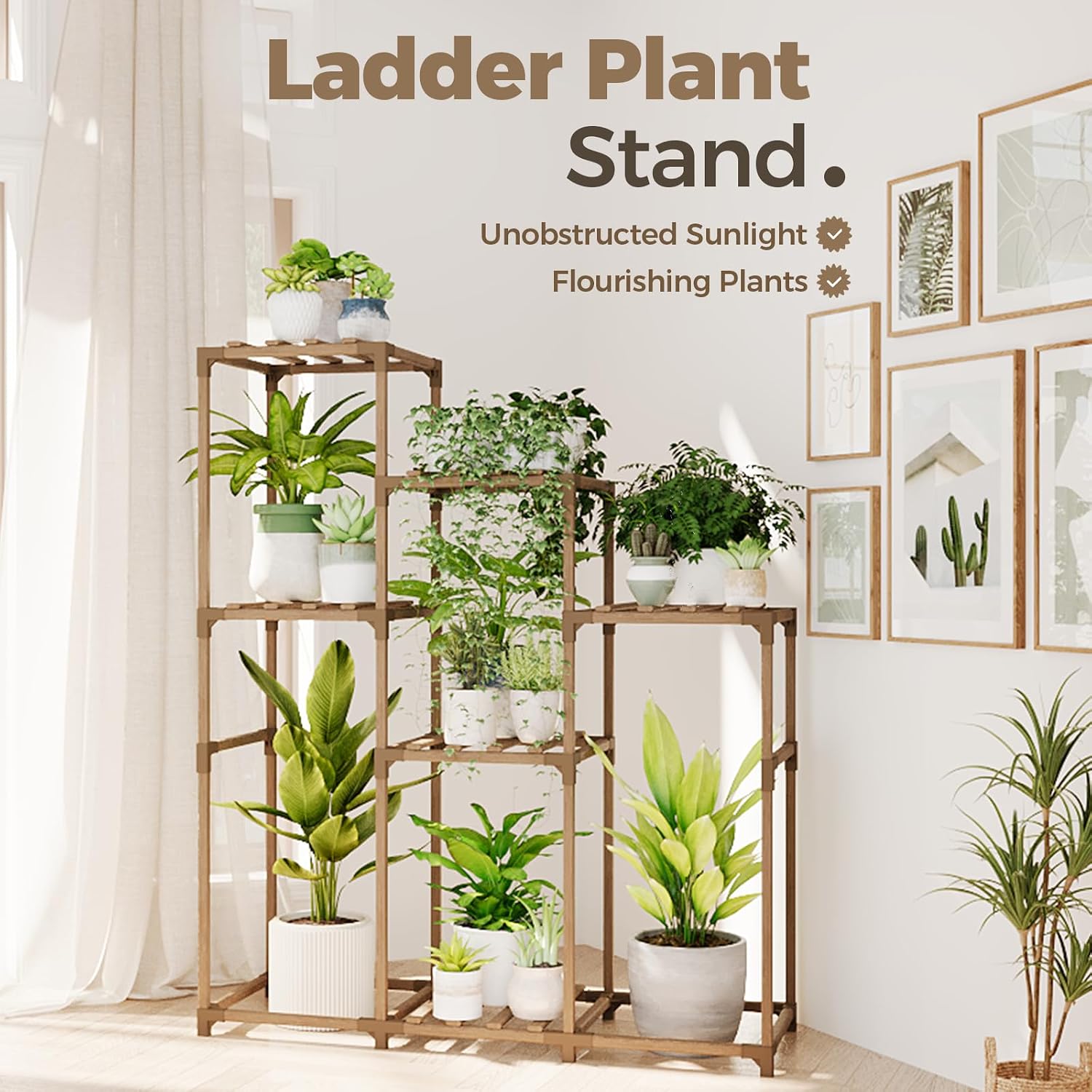 Bamworld Tall Plant Stand Indoor Wood Shelf Outdoor Tiered Rack | for Multiple Flowers 5-Tier 7-Pot Ladder Holder for