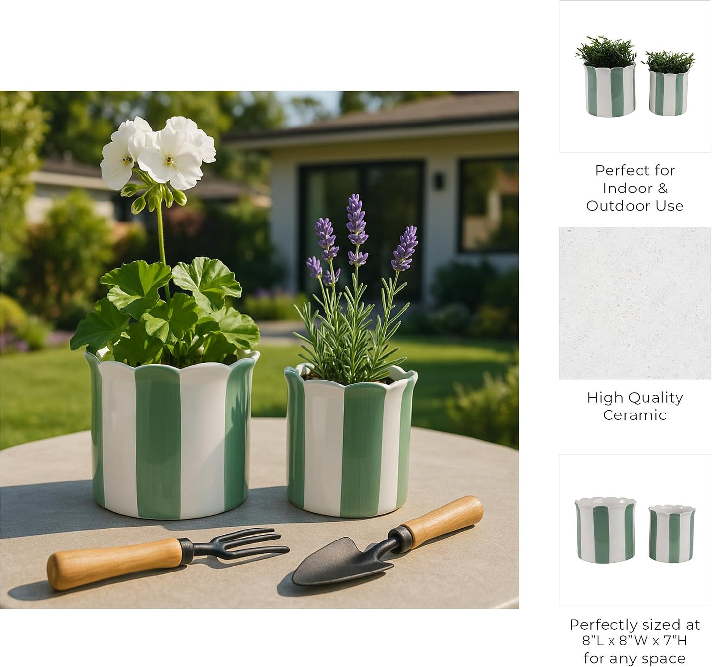 Ceramic Planter Pots / 6"L x 6"W x 6"H and 8"L x 8"W x 7"H / Green