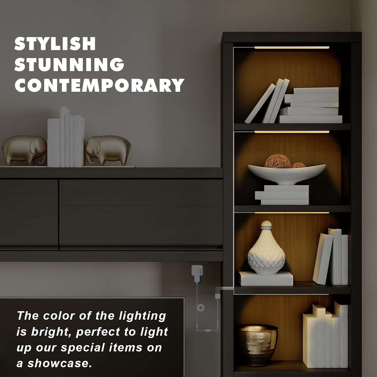 JUSJUBR 4PCS x 12inch Display Cabinet Lights Warm White, Dimmable LED Shelf Lighting with Memory Function, Bookshelf