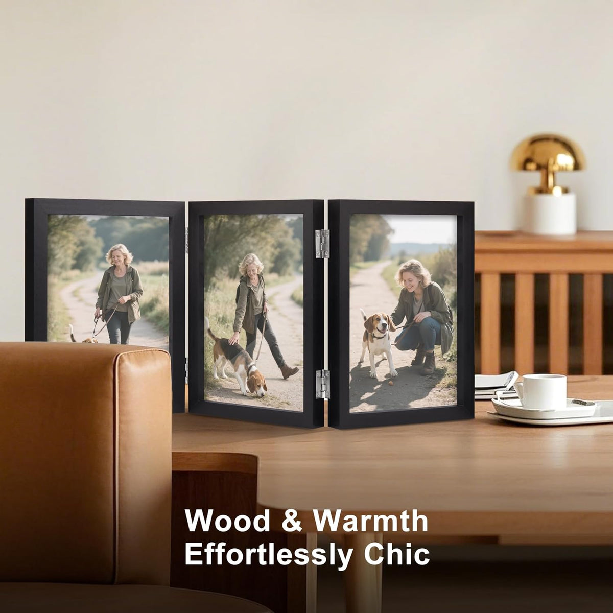 TOFOREVO 5x7 3 Picture Frame Triple Wooden Three Hinged Photo Frame Definition Glass Stand Vertically on Desktop or