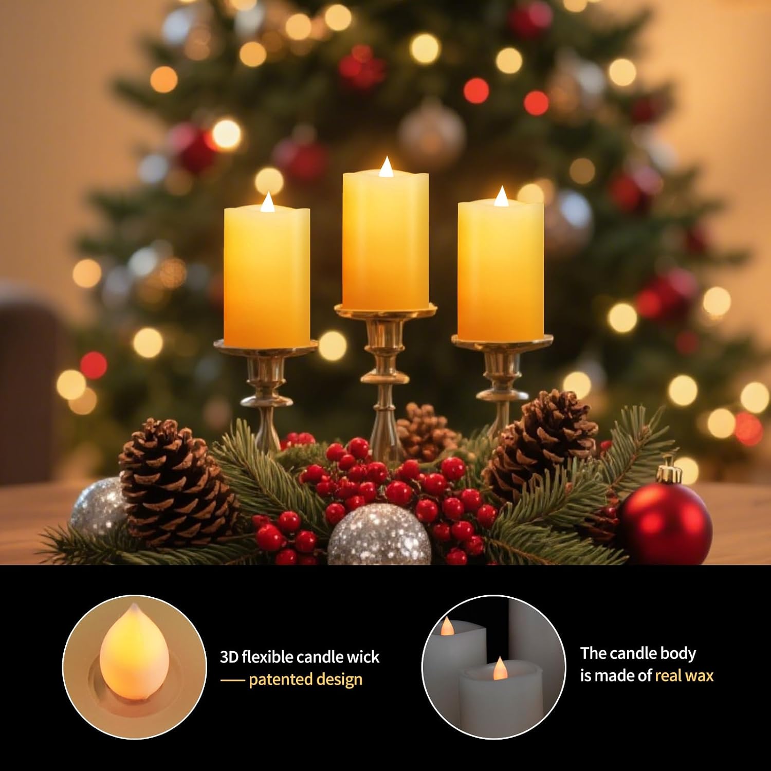 3" x 5" Flameless Candles Set of 3, 2AA Battery Life 600 Hours Battery Candles Flickering with Timer, 5 inch Flameless