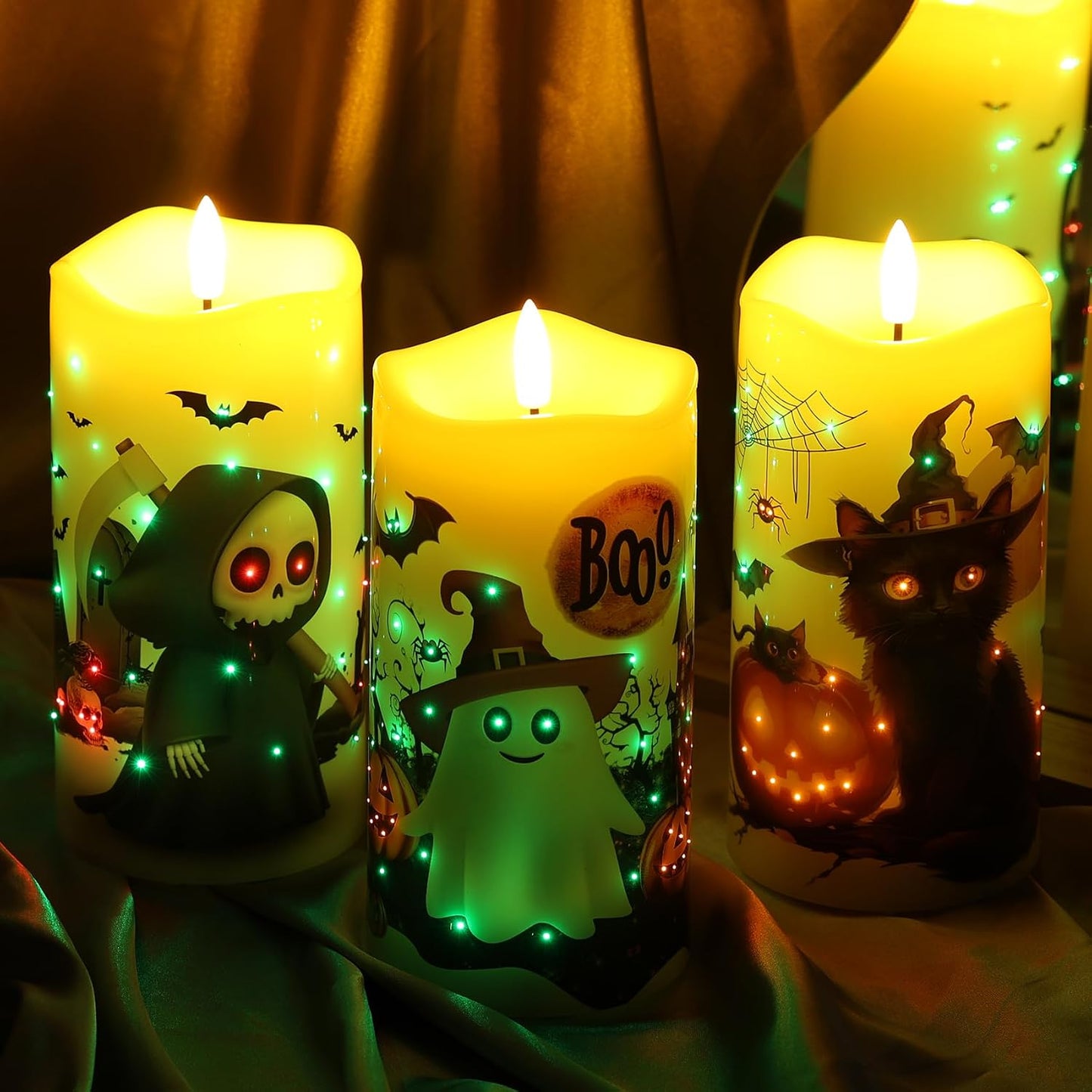 Fiber Optic Halloween Flameless Pillar Candles with Remote 3 Pack | Ghost Cat Bat LED Candles Flickering, 3 AA Battery