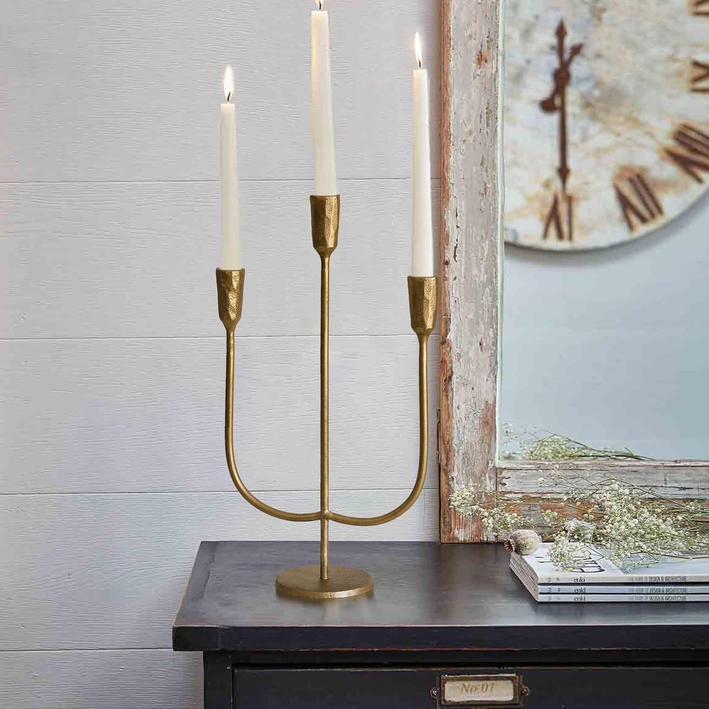3-Candle Cast Iron Metal Candelabra Candlestick Holders 15 inch Tall Candle Holder Wedding Event Candelabra Candle