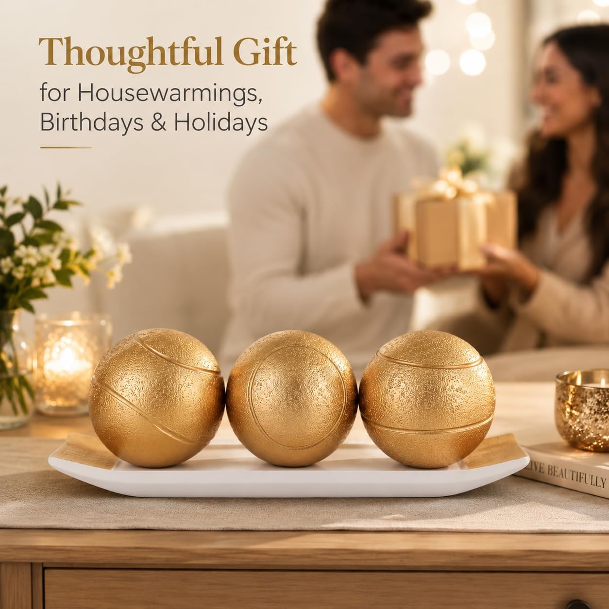 Small Decorative Tray and Orbs Balls Set / White Gold