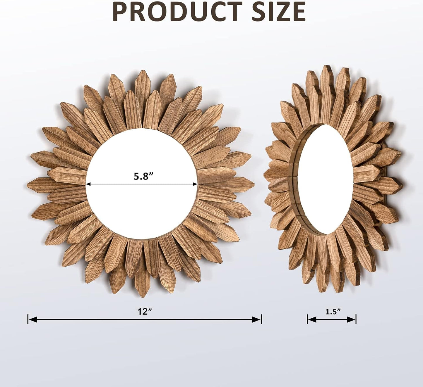 Wall Mirror Decorative Rustic Wood Mirror Sunburst Boho Mirror / Carbonized Black / 12 Inch
