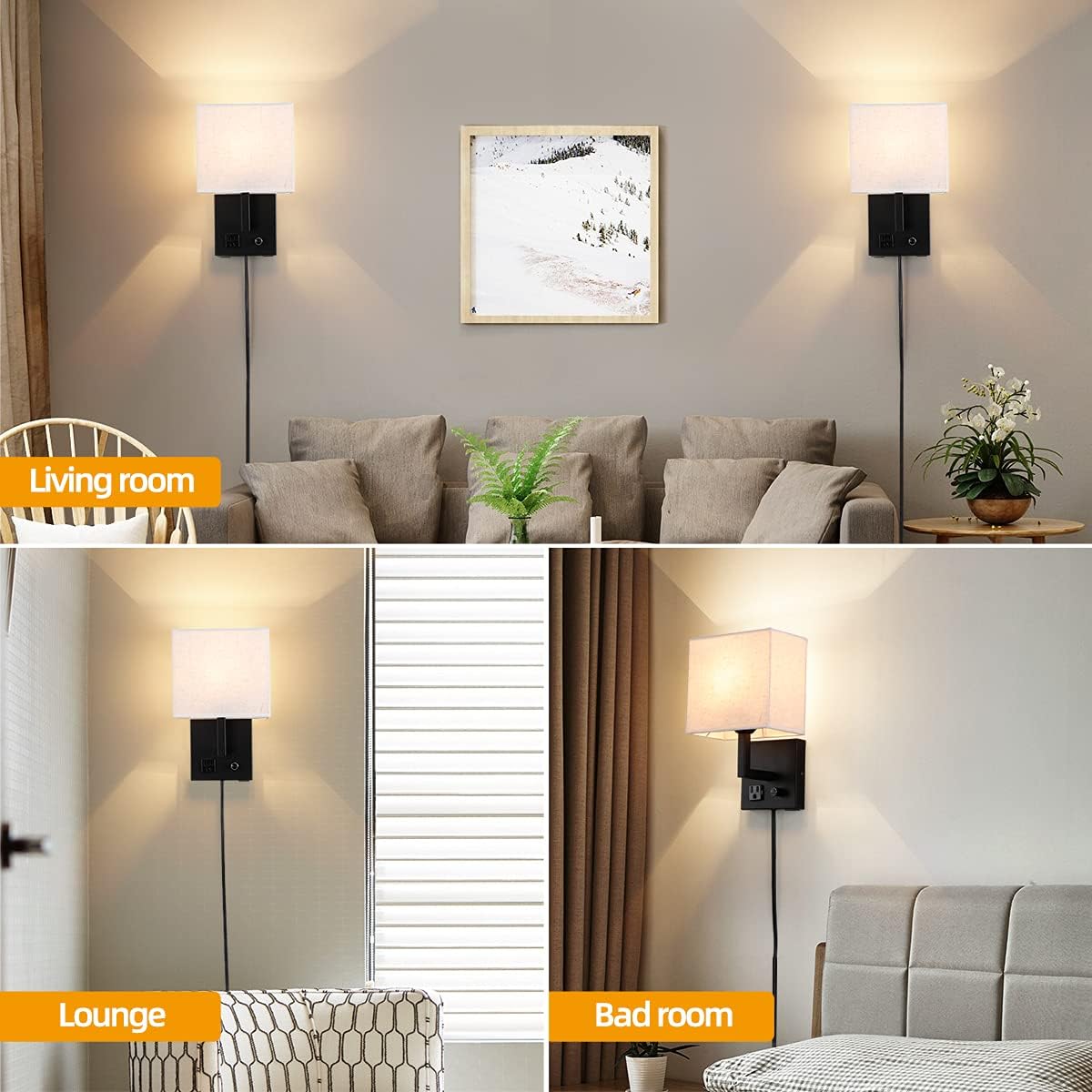 Plug in Wall Sconce, Bedside Wall lamp with Plug and dimmable Switch, with USB Charging Port and Socket, Suitable for