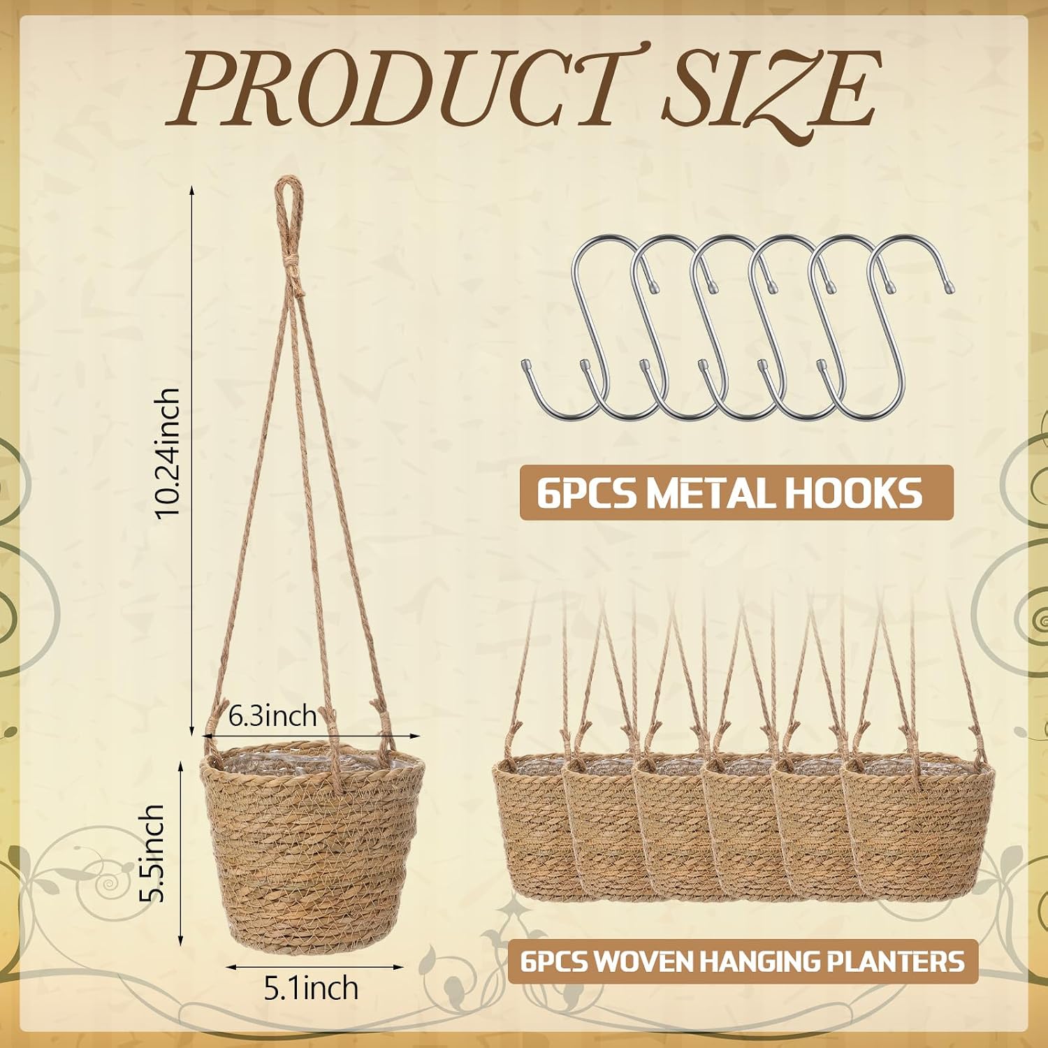 Seagrass Hanging Planter Basket Hand Woven Plant Basket / Brown / Small / Set of 6