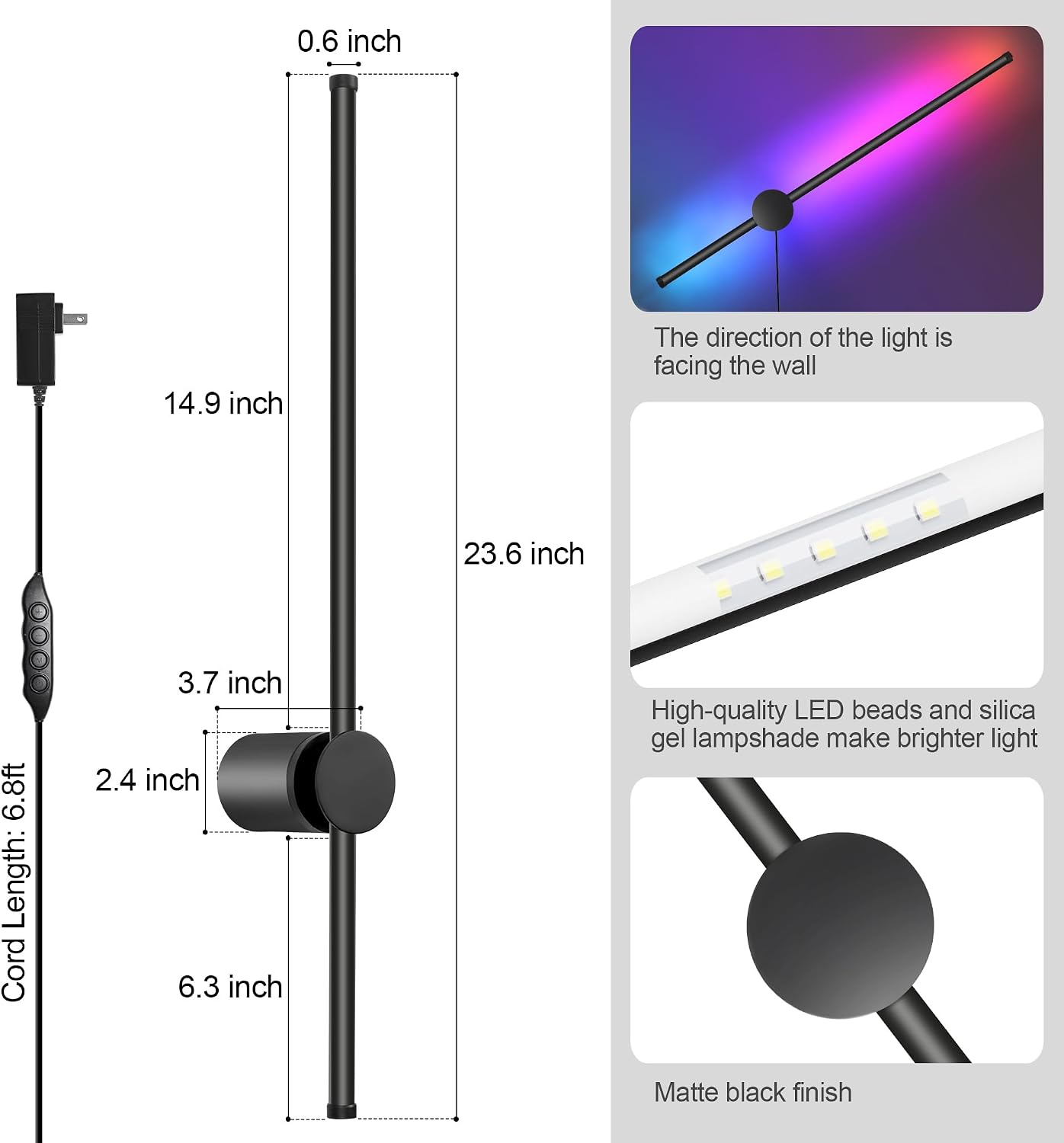RGB LED Wall Sconces Set of Two with Remote, 15 Color Modes, Dimming, DIY 180° Rotate, Black Plug in Wall Sconces with