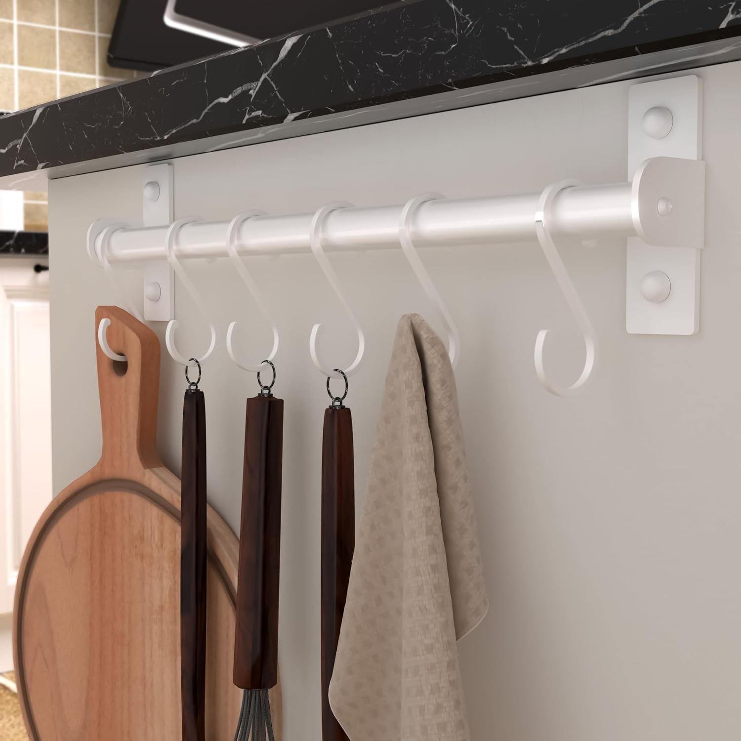 Kitchen Utensil Holder Hanger, Pot and Pan Rack Wall Mounted, Kitchen Rail with 8 Hooks for Hanging Cooking Utensils