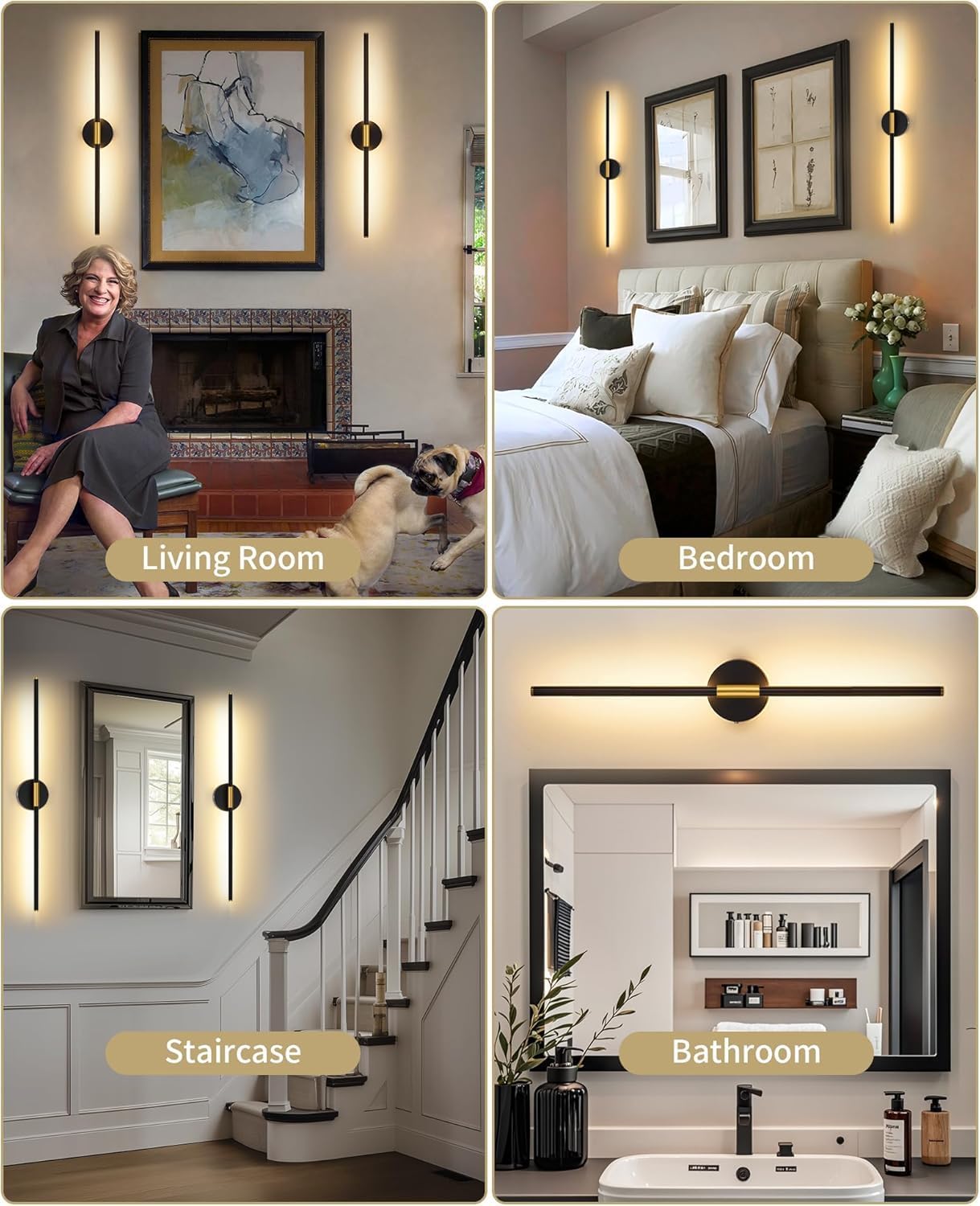 32" Battery Operated Wall Sconce Set of 2, Black Gold Wall Light | Wireless, 8000mAh Rechargeable Battery, Stepless