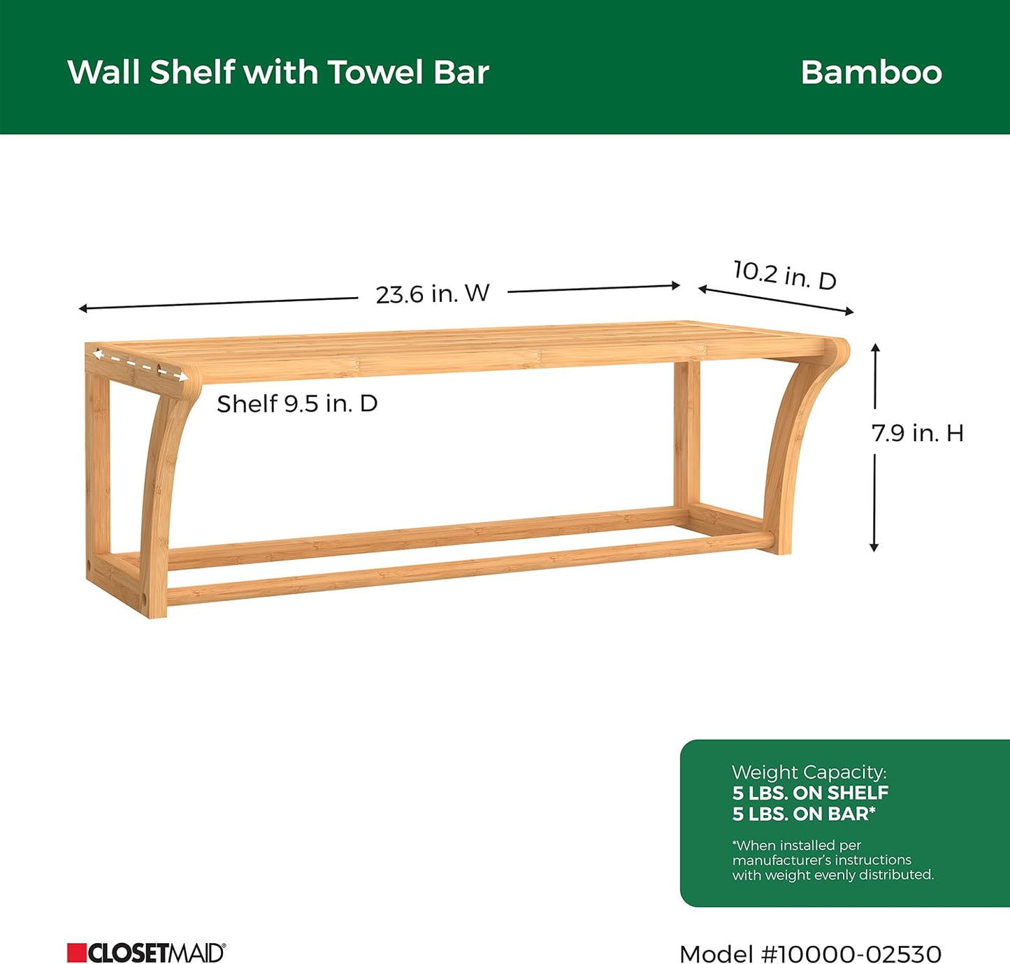 ClosetMaid Bamboo Wall Shelf with Towel Bar, Wall Mount Storage Shelves, Organizer Rack, Natural Finish