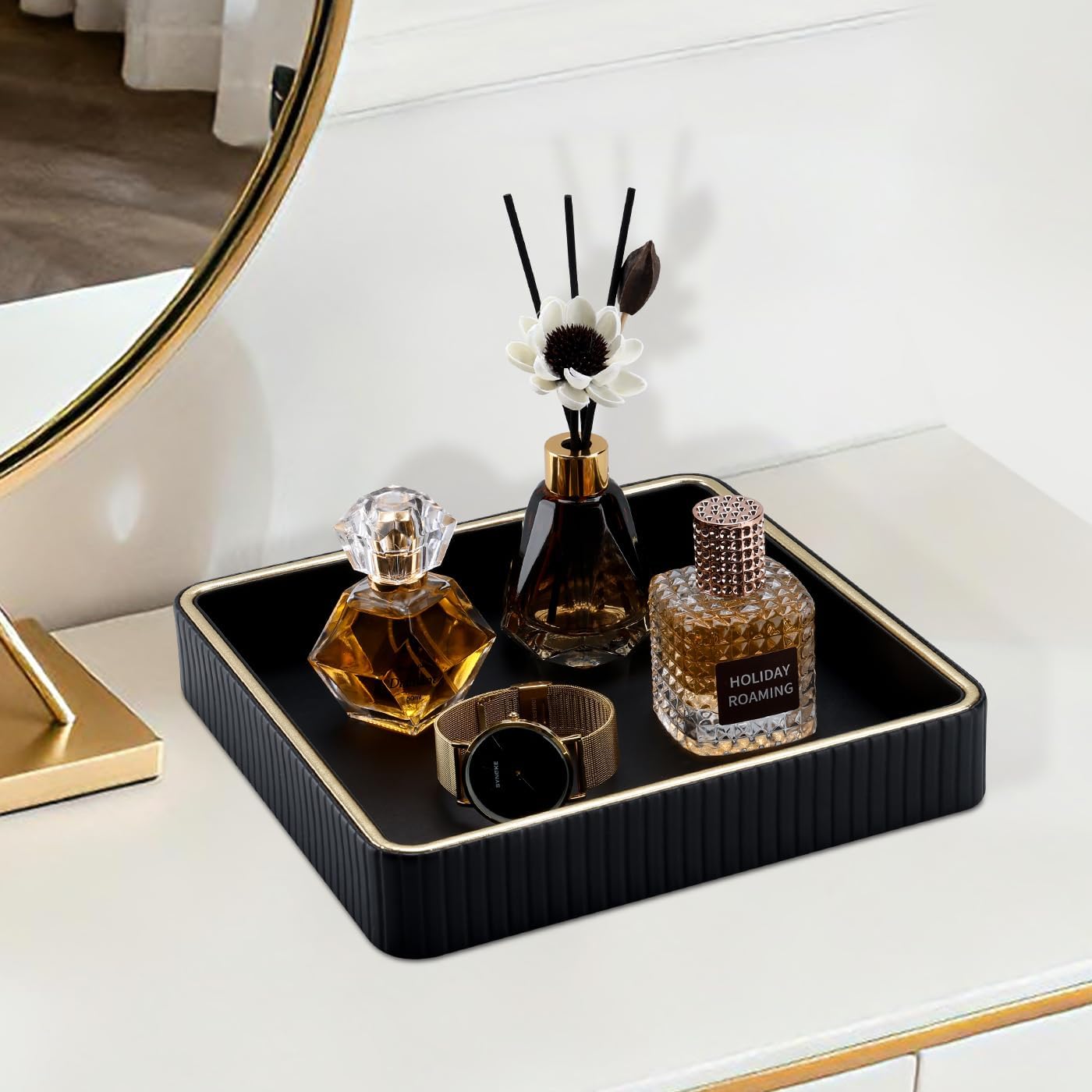 Leather Valet Tray Nightstand Organizer / Black