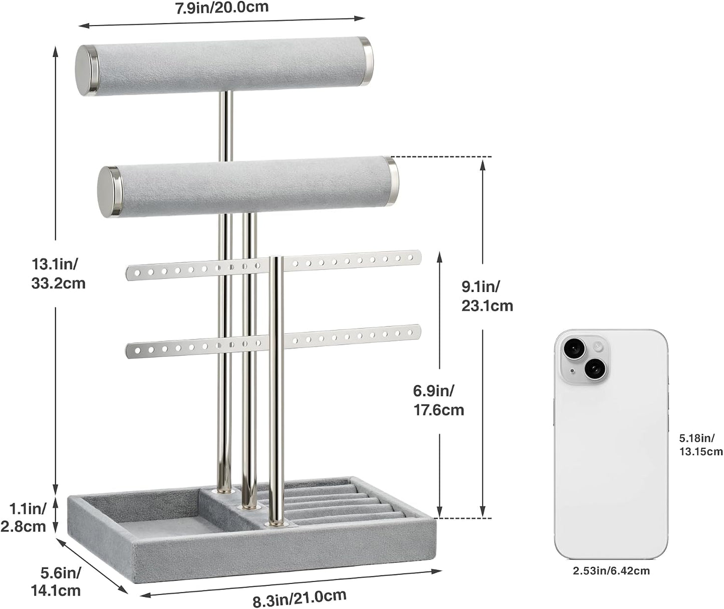 Detachable T Bar Velvet Bracelet Holder / Grey / Standard